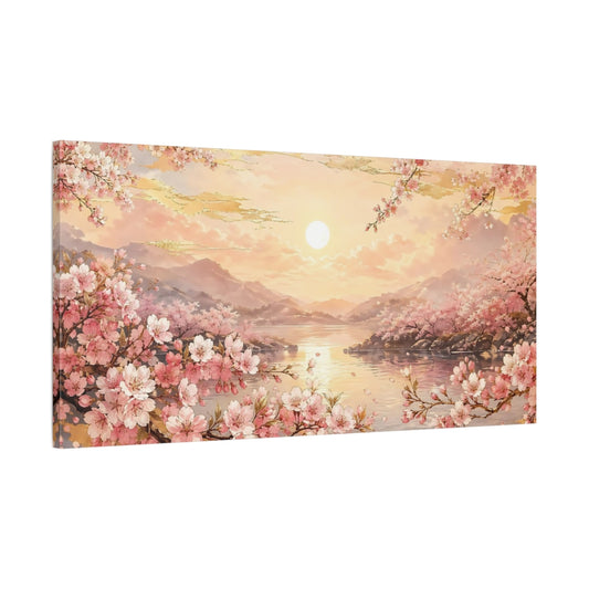 Main Mockup. Nature Cherry Blossoms Pink And Gold shown as stretched canvas wall art