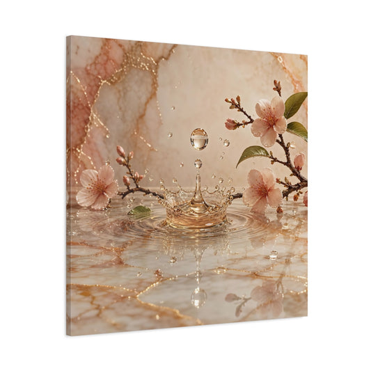 Main Mockup. Nature Cherry Blossoms Pink And Gold shown as stretched canvas wall art