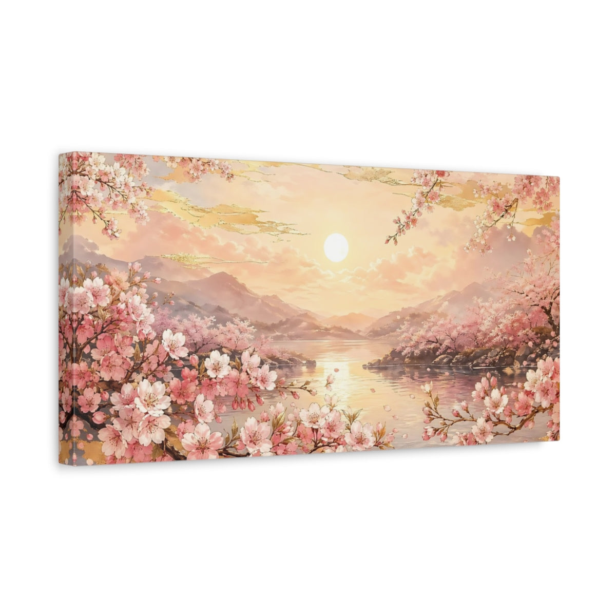 Side Mockup 3. Nature Cherry Blossoms Pink And Gold shown as stretched canvas wall art