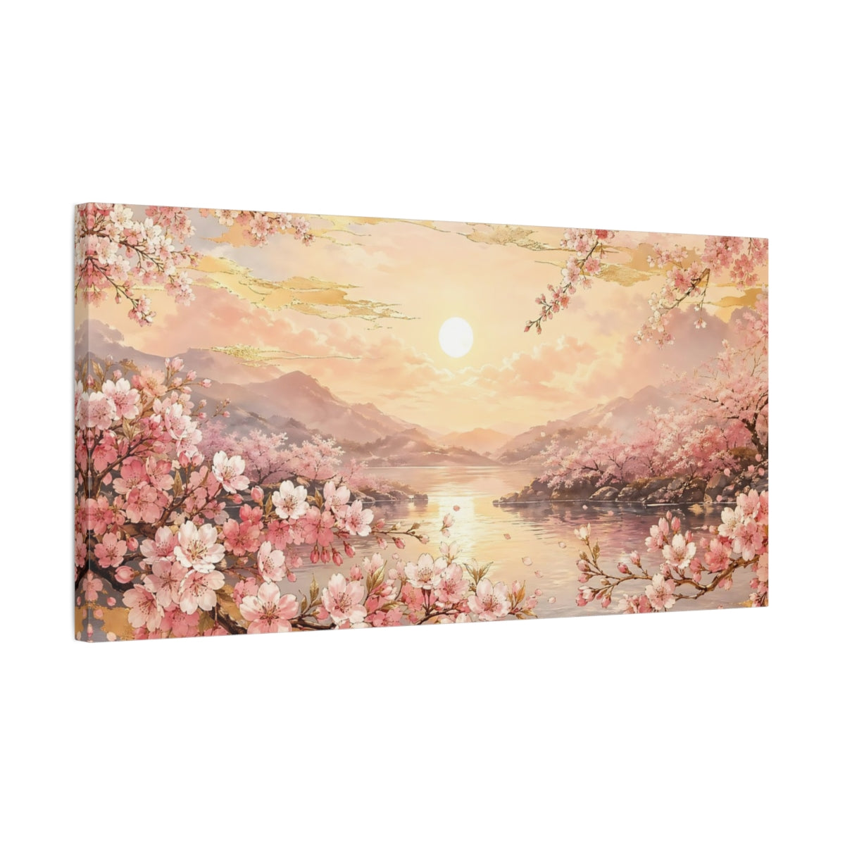 Side Mockup 1. Nature Cherry Blossoms Pink And Gold shown as stretched canvas wall art