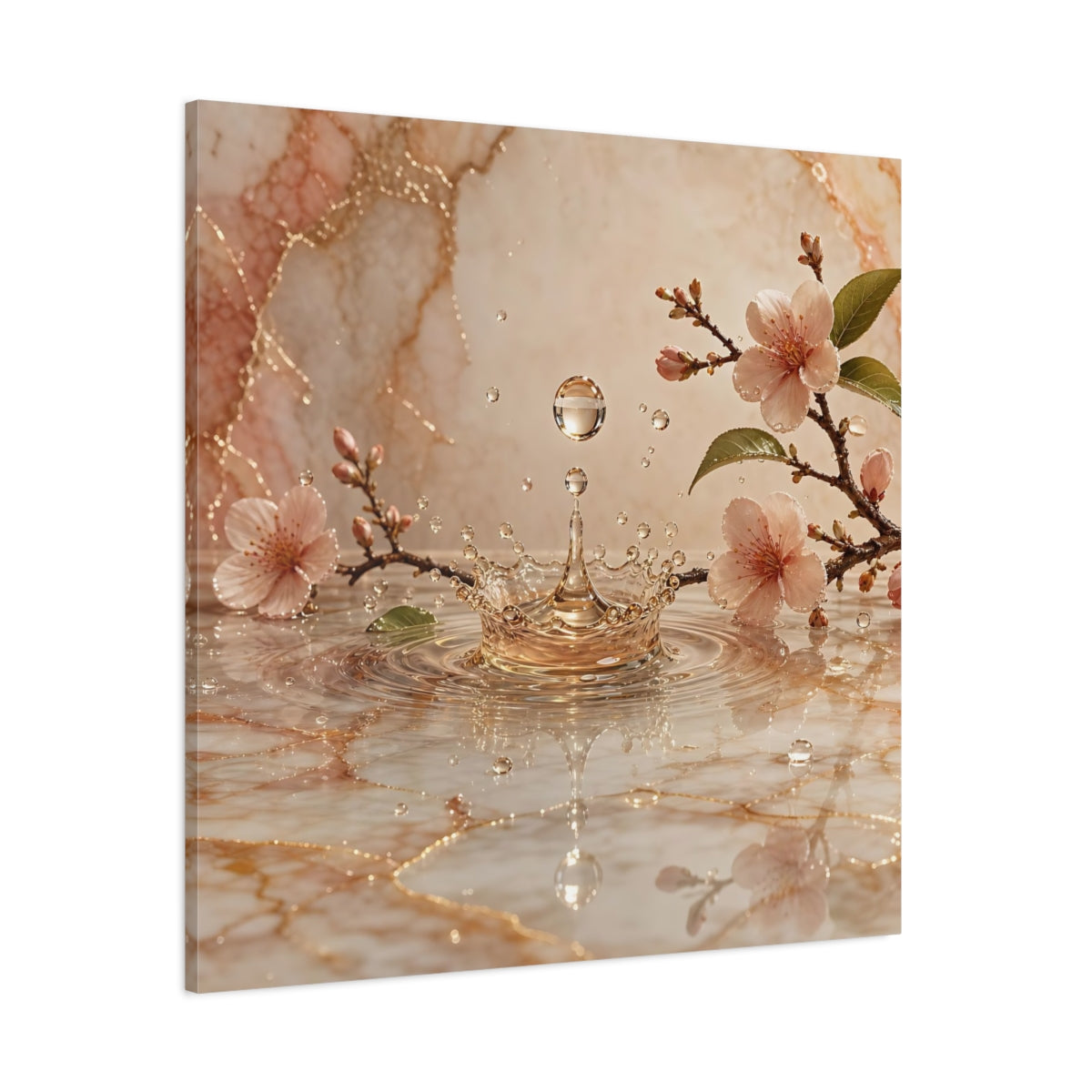 Side Mockup 1. Nature Cherry Blossoms Pink And Gold shown as stretched canvas wall art