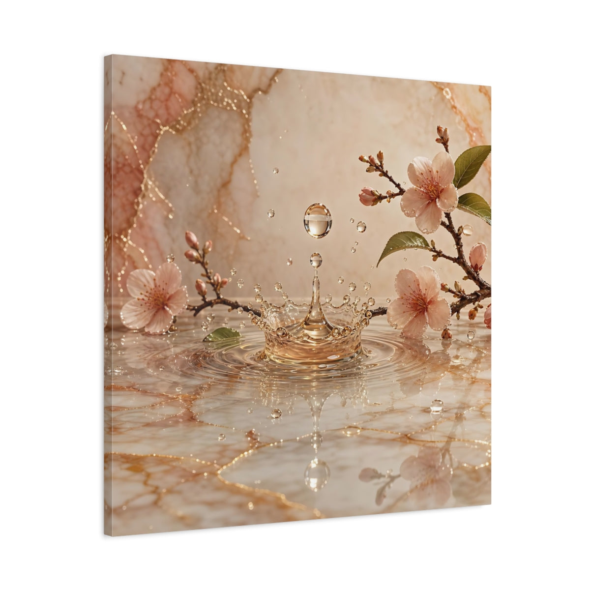 Side Mockup 3. Nature Cherry Blossoms Pink And Gold shown as stretched canvas wall art