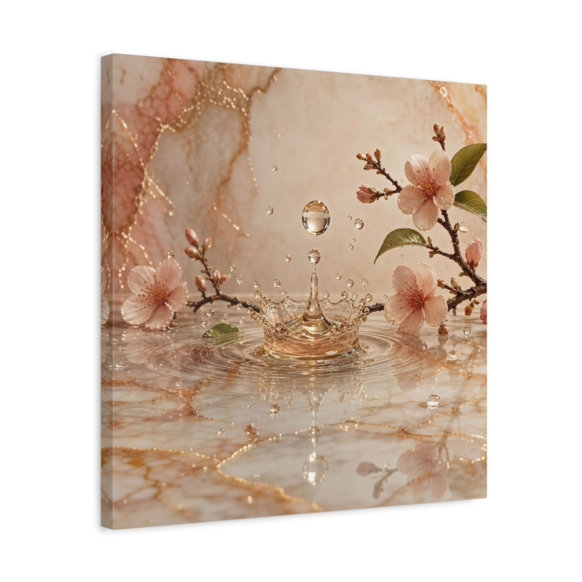 Side Mockup 5. Nature Cherry Blossoms Pink And Gold shown as stretched canvas wall art
