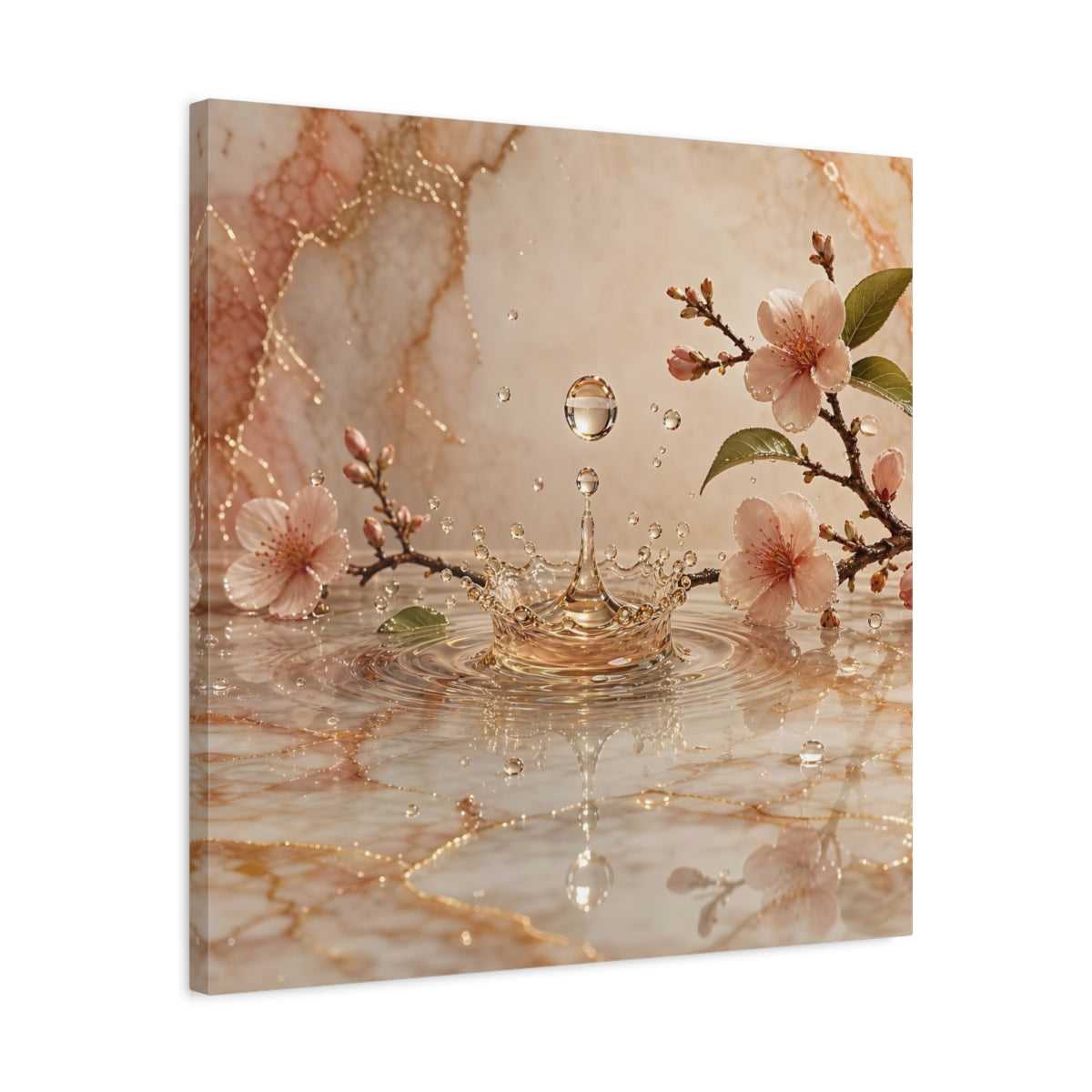 Side Mockup 4. Nature Cherry Blossoms Pink And Gold shown as stretched canvas wall art
