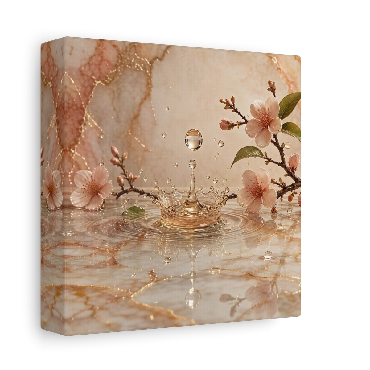 Side Mockup 2. Nature Cherry Blossoms Pink And Gold shown as stretched canvas wall art