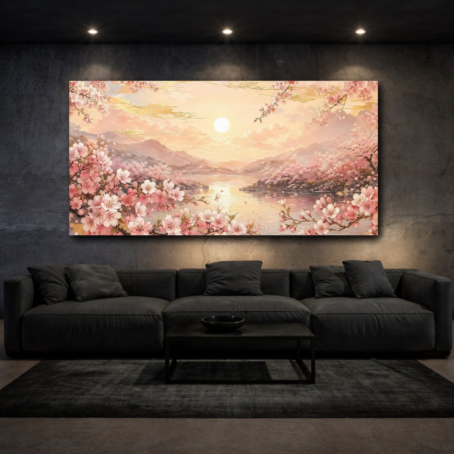 Mockup 2. Nature Cherry Blossoms Pink And Gold shown as stretched canvas wall art