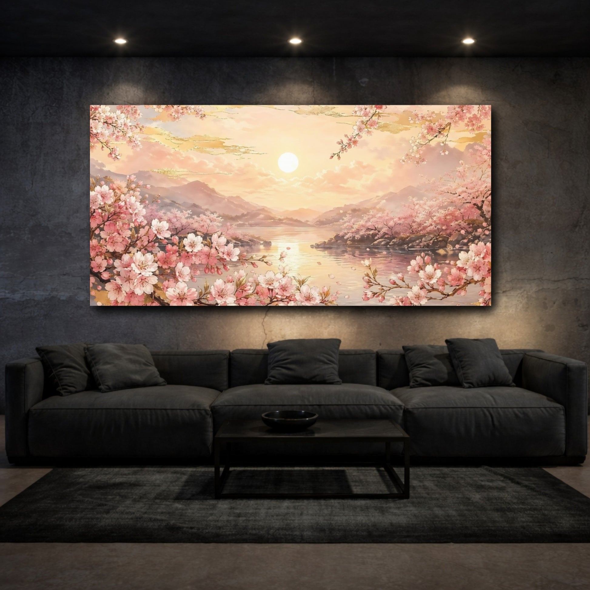 Mockup 2. Nature Cherry Blossoms Pink And Gold shown as stretched canvas wall art
