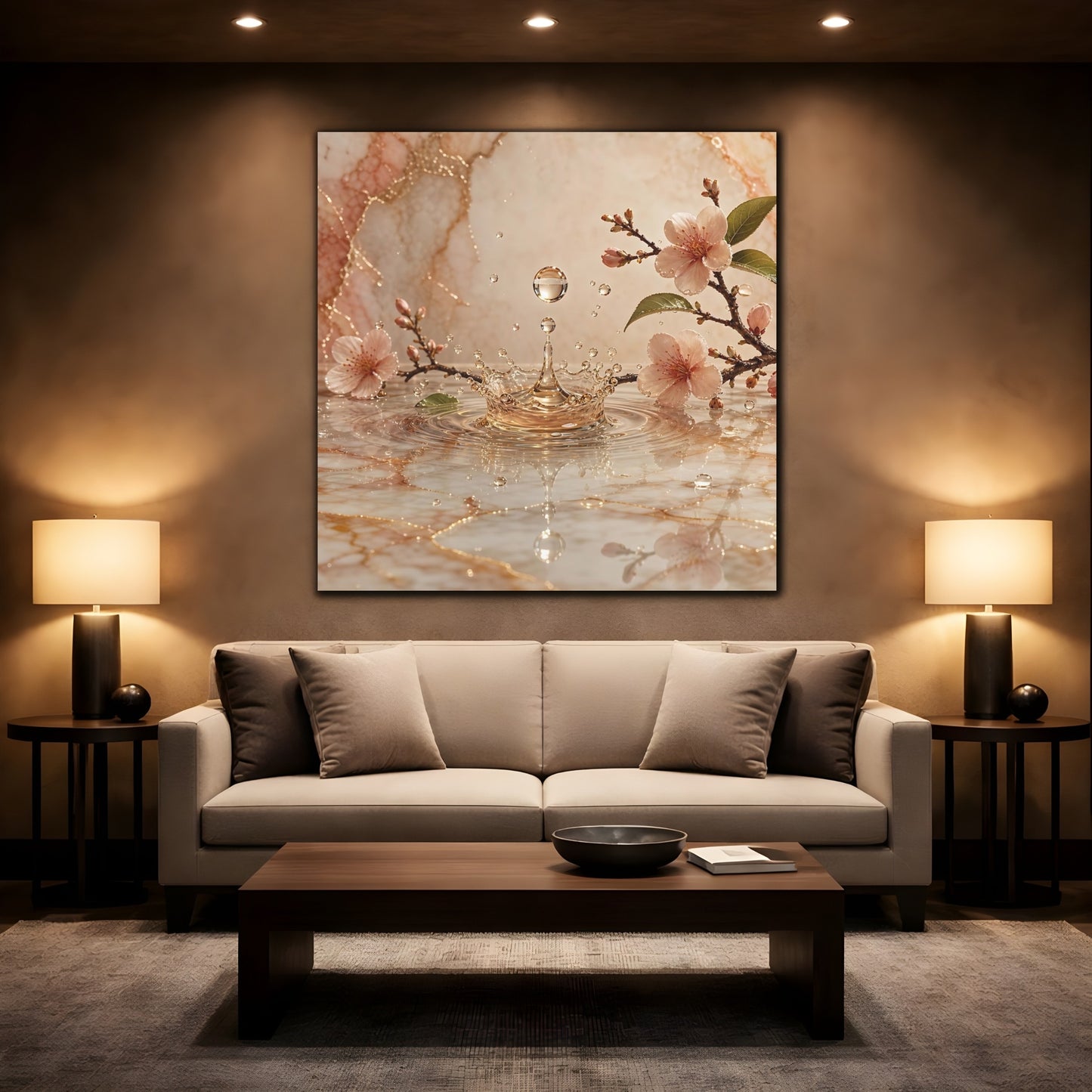 Mockup 2. Nature Cherry Blossoms Pink And Gold shown as stretched canvas wall art