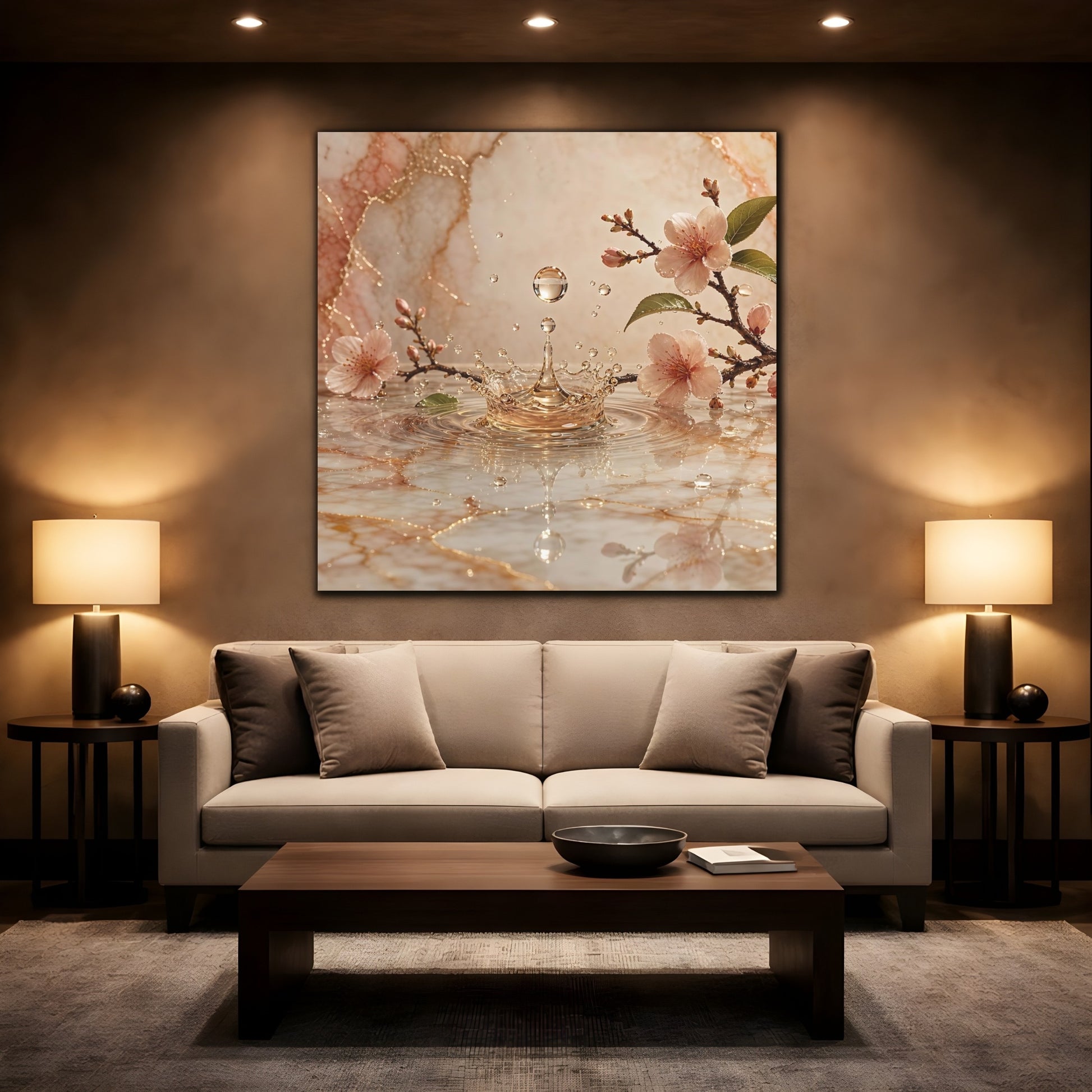 Mockup 2. Nature Cherry Blossoms Pink And Gold shown as stretched canvas wall art