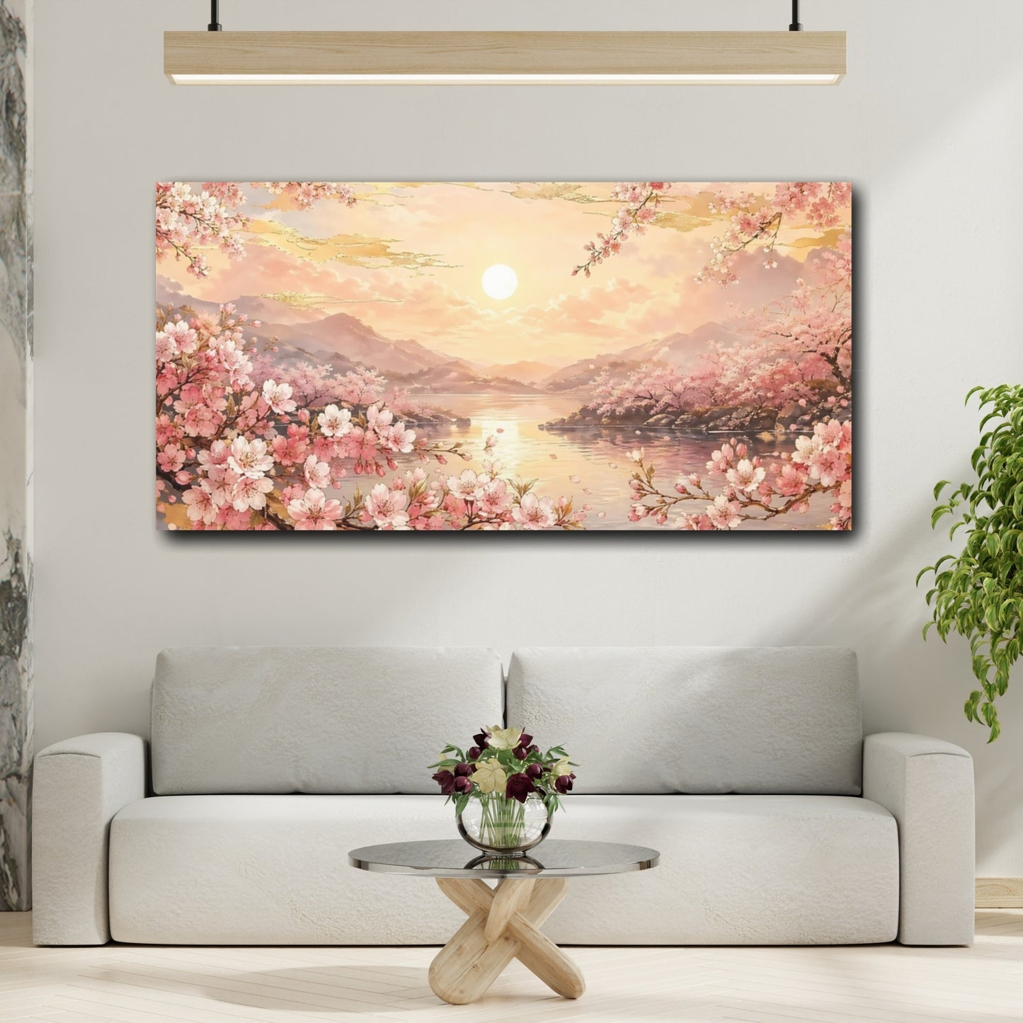 Mockup 3. Nature Cherry Blossoms Pink And Gold shown as stretched canvas wall art