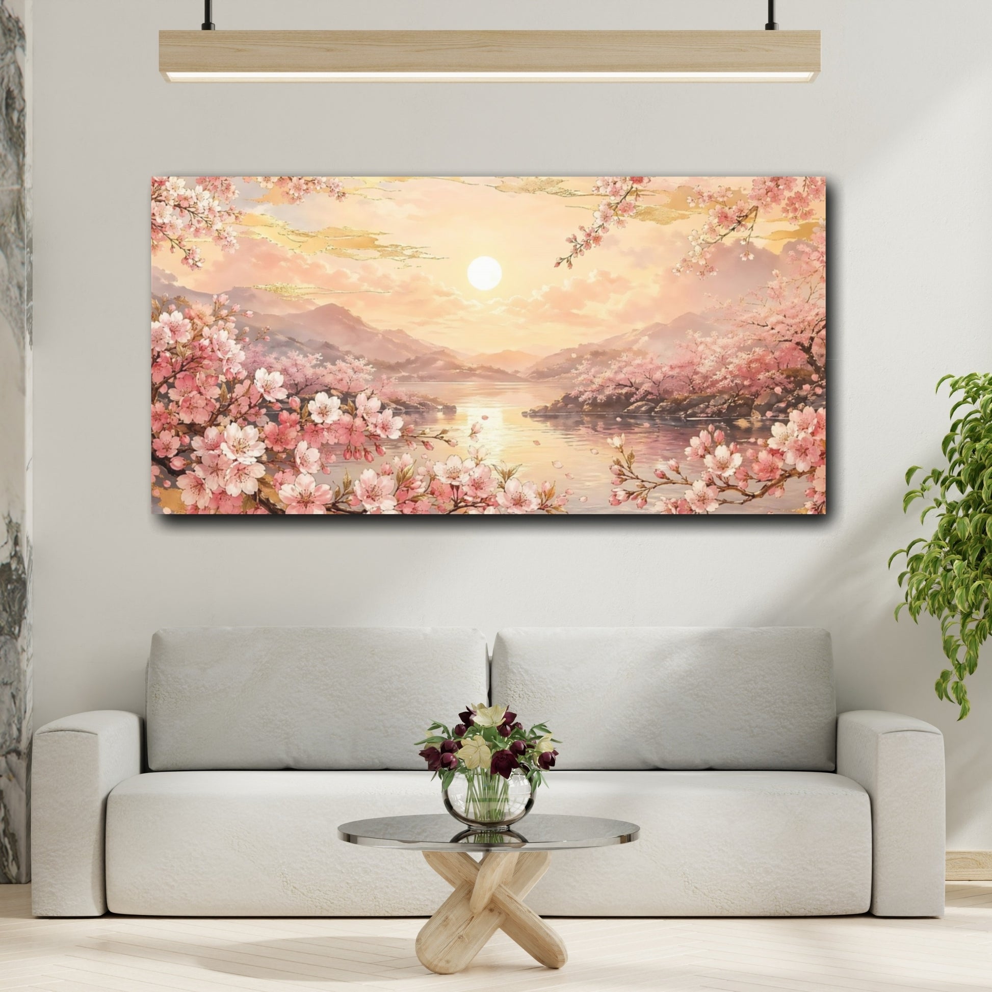 Mockup 3. Nature Cherry Blossoms Pink And Gold shown as stretched canvas wall art