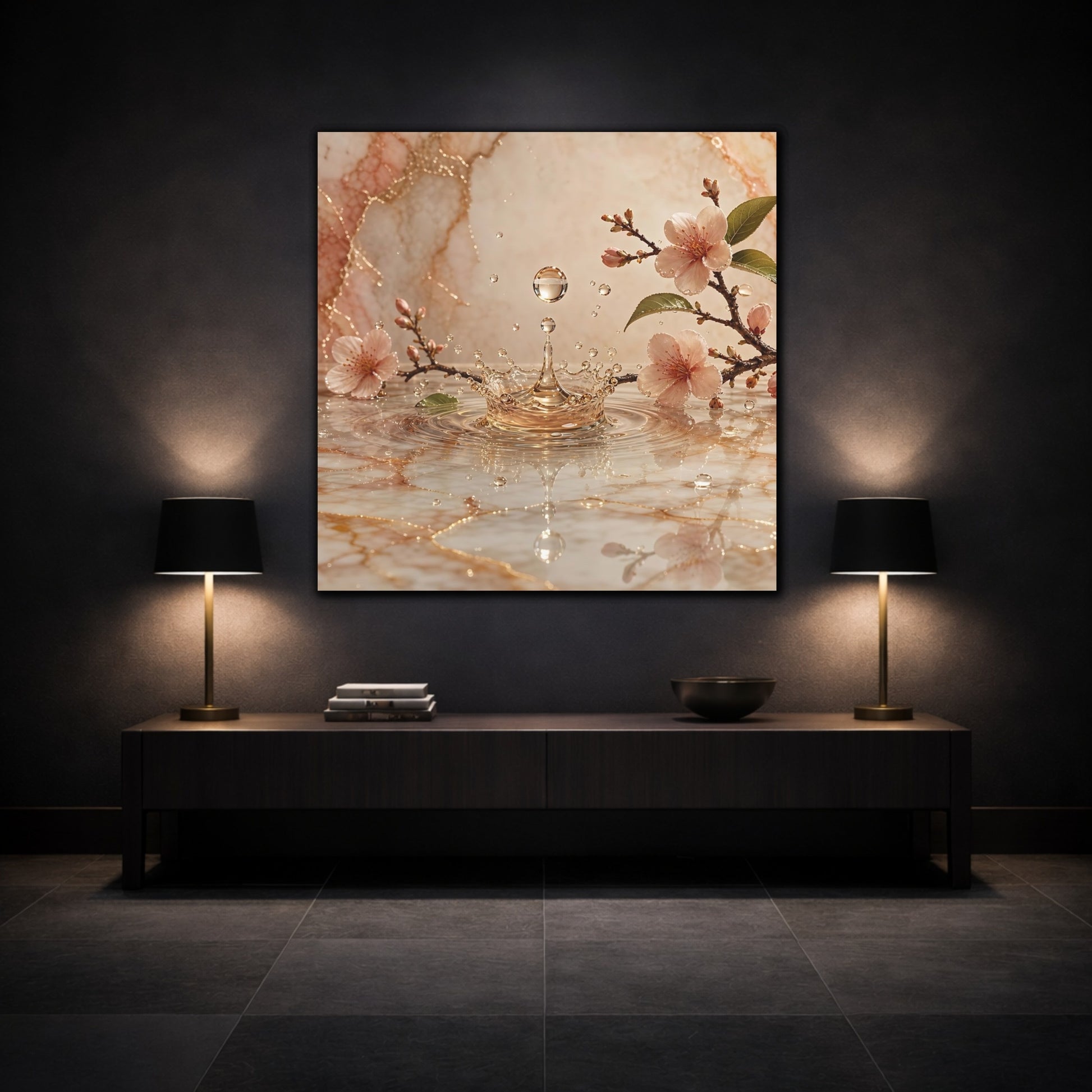 Mockup 3. Nature Cherry Blossoms Pink And Gold shown as stretched canvas wall art