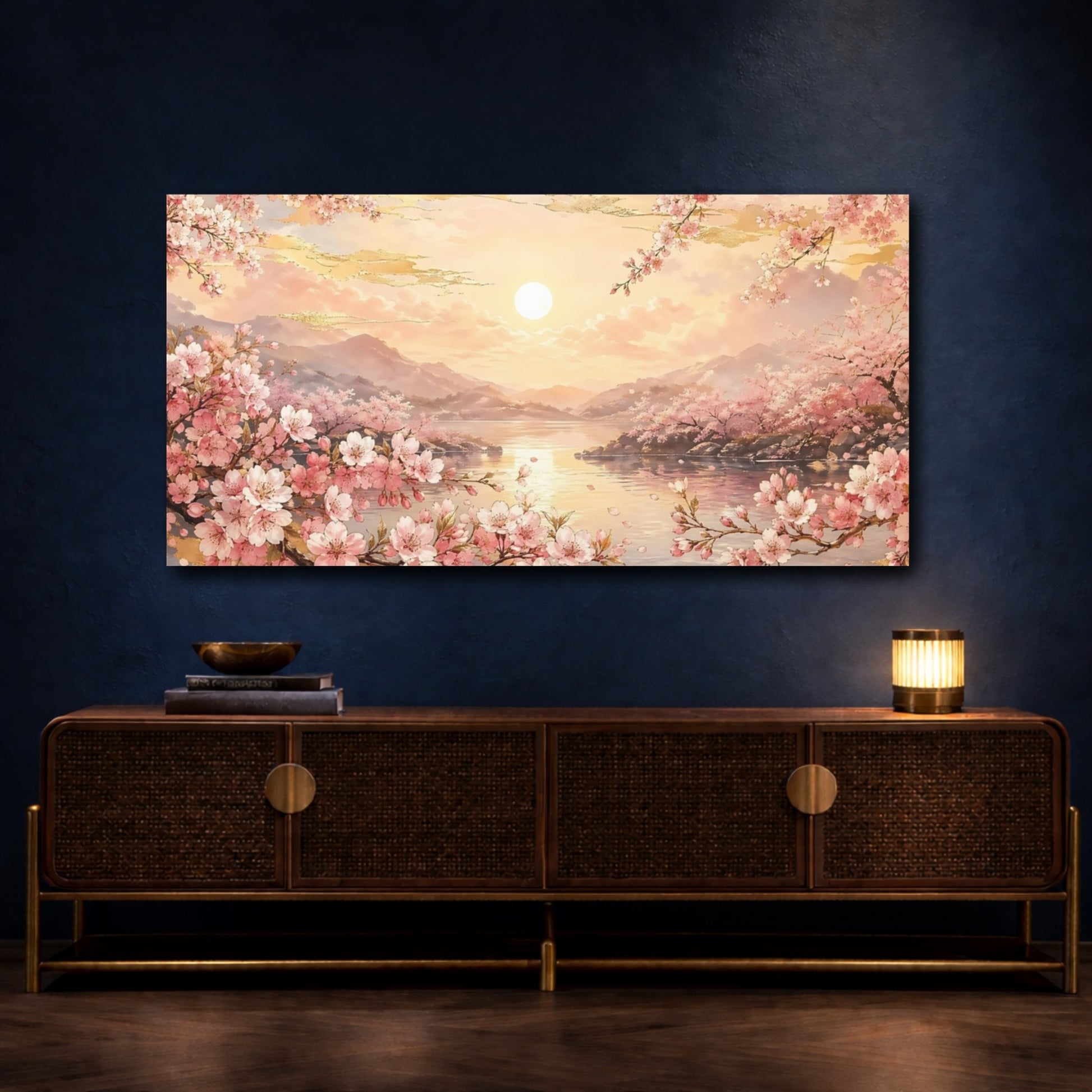 Mockup 4. Nature Cherry Blossoms Pink And Gold shown as stretched canvas wall art