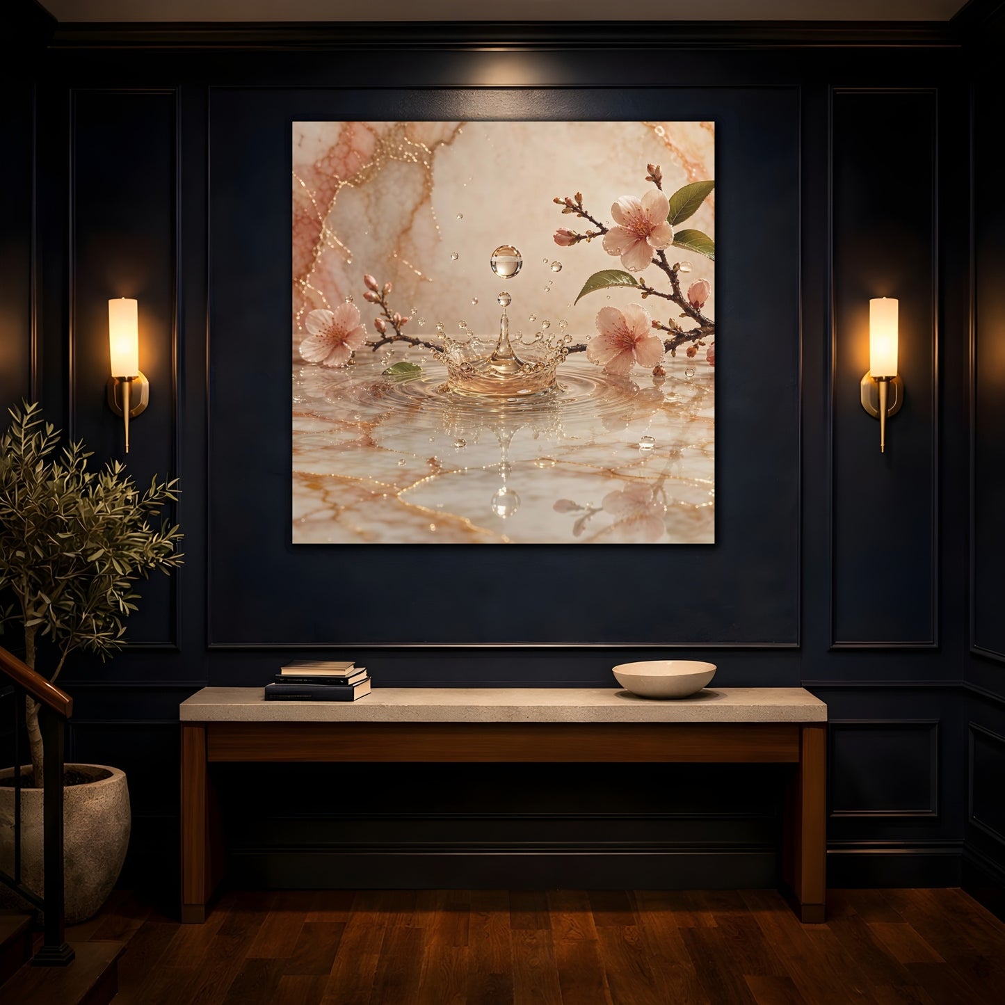 Mockup 4. Nature Cherry Blossoms Pink And Gold shown as stretched canvas wall art