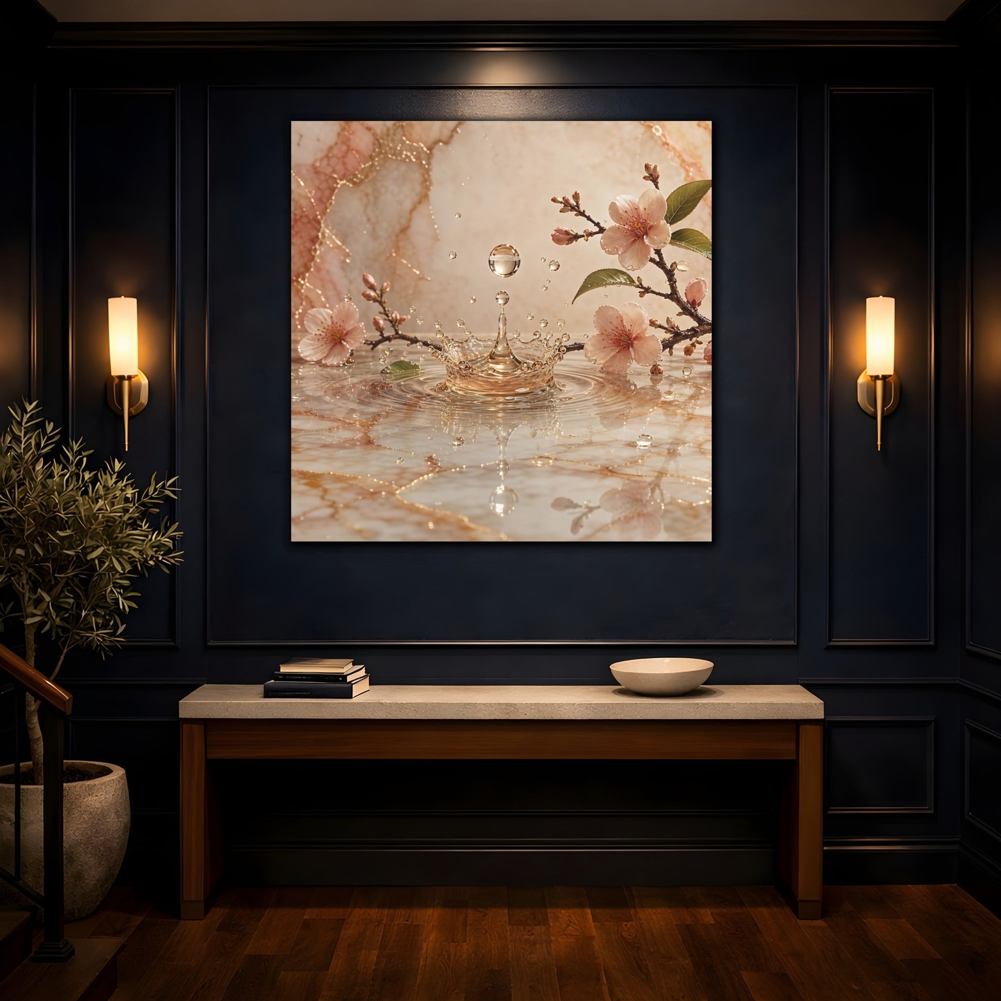 Mockup 4. Nature Cherry Blossoms Pink And Gold shown as stretched canvas wall art