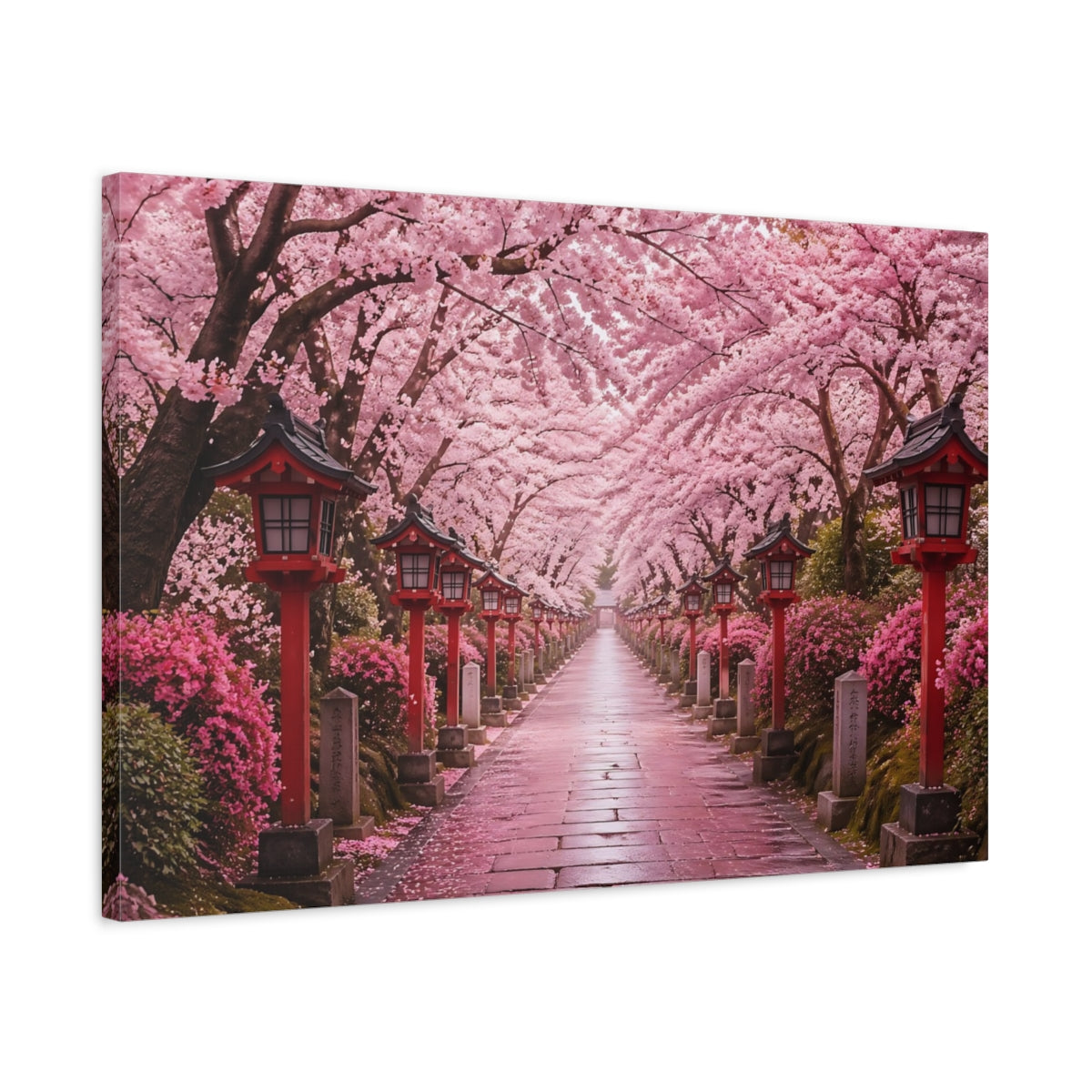 Side Mockup 2. Nature Cherry Blossoms Pink And Red shown as stretched canvas wall art