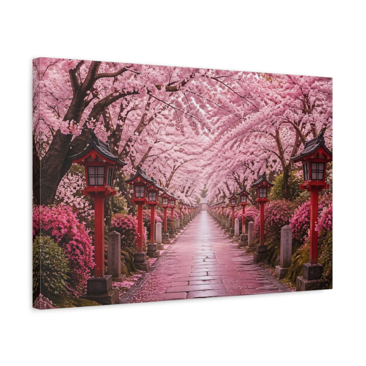 Side Mockup 3. Nature Cherry Blossoms Pink And Red shown as stretched canvas wall art