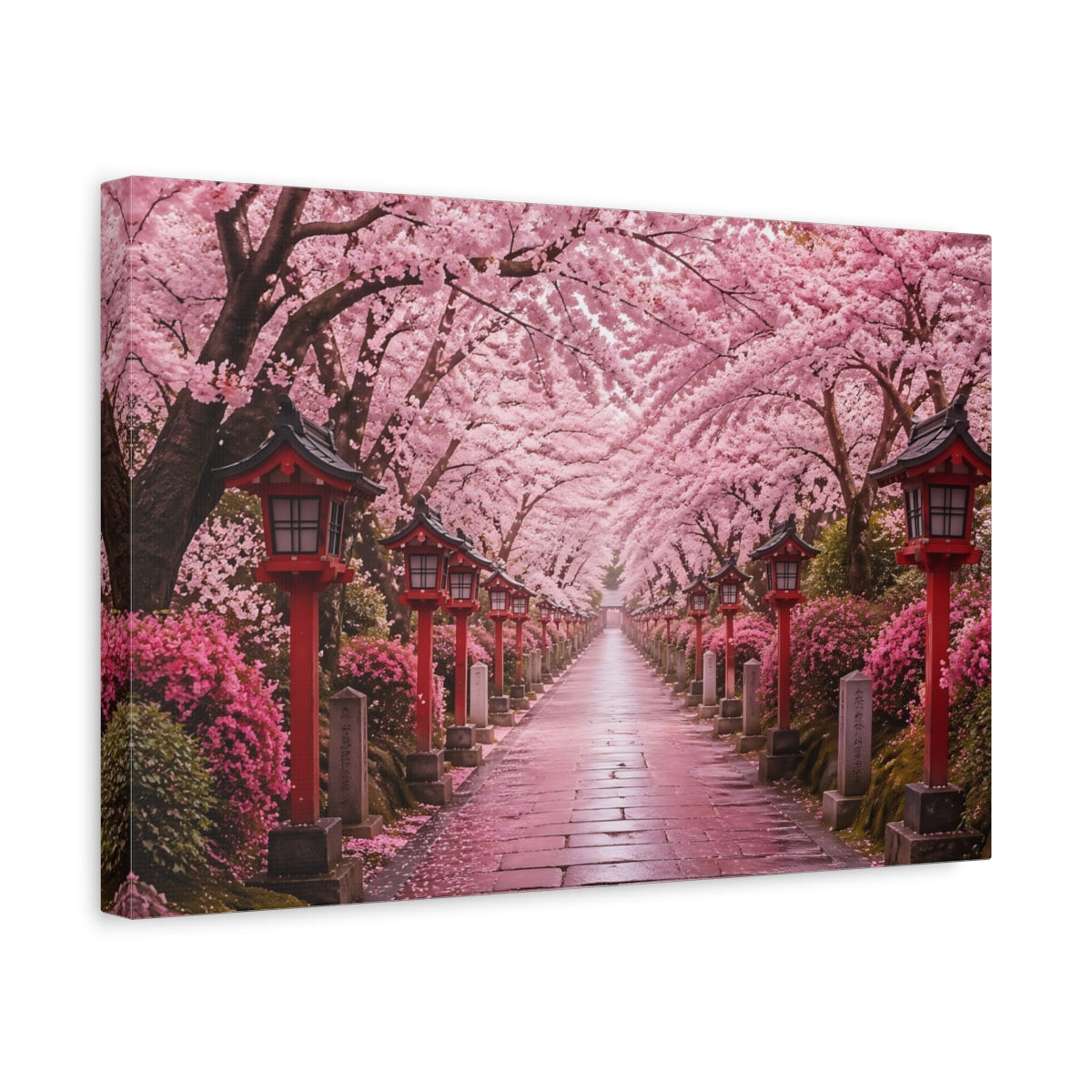 Side Mockup 4. Nature Cherry Blossoms Pink And Red shown as stretched canvas wall art