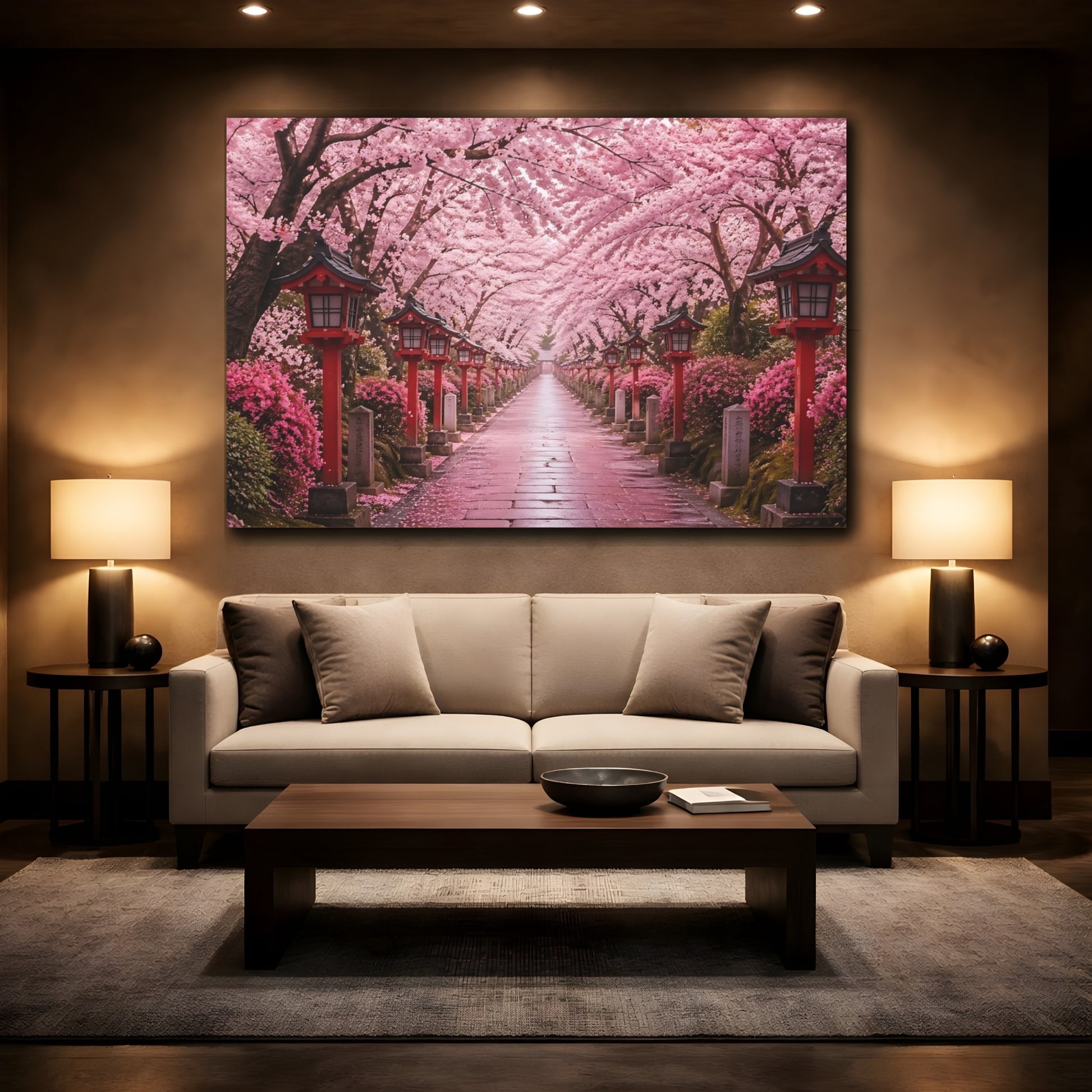Mockup 2. Nature Cherry Blossoms Pink And Red shown as stretched canvas wall art
