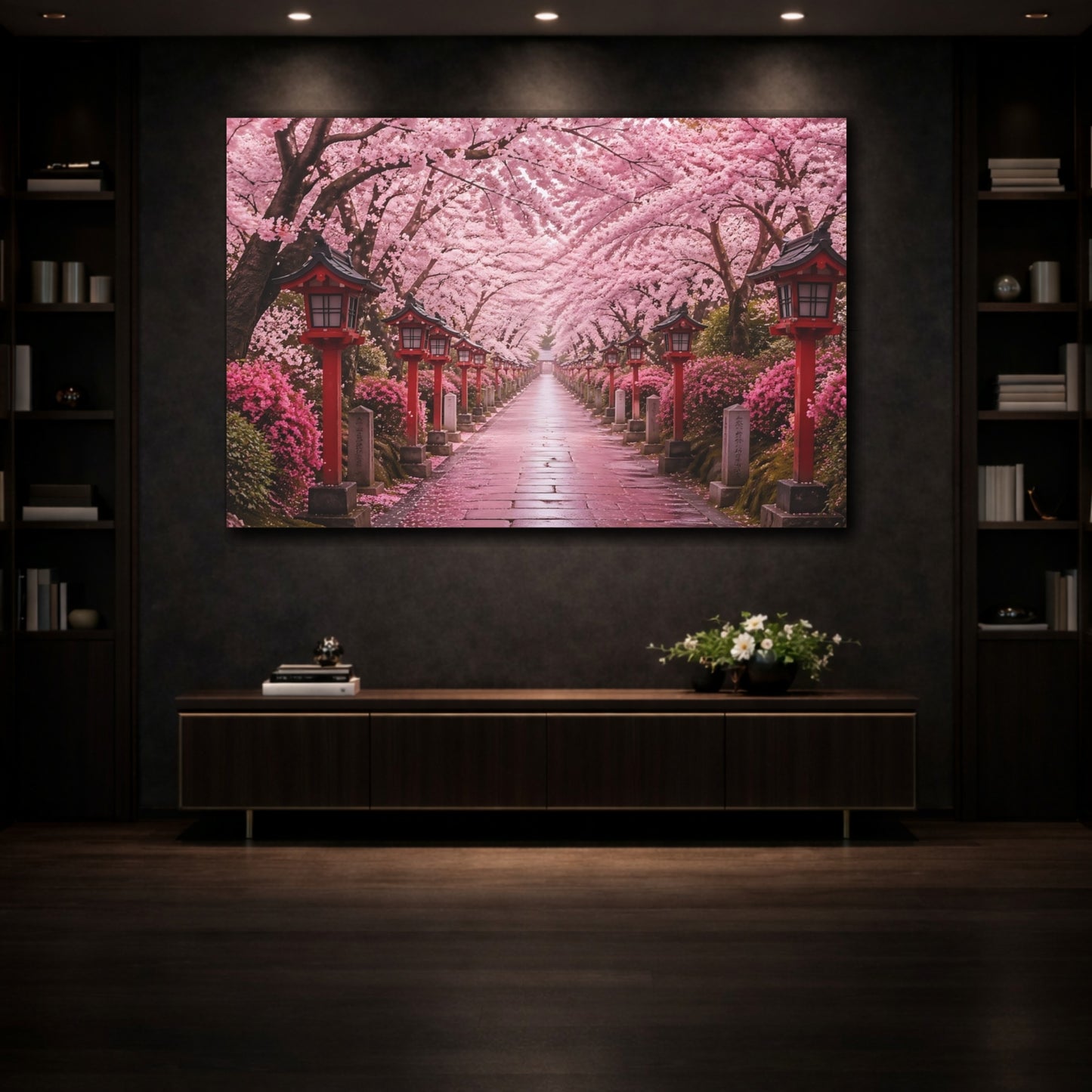 Mockup 3. Nature Cherry Blossoms Pink And Red shown as stretched canvas wall art
