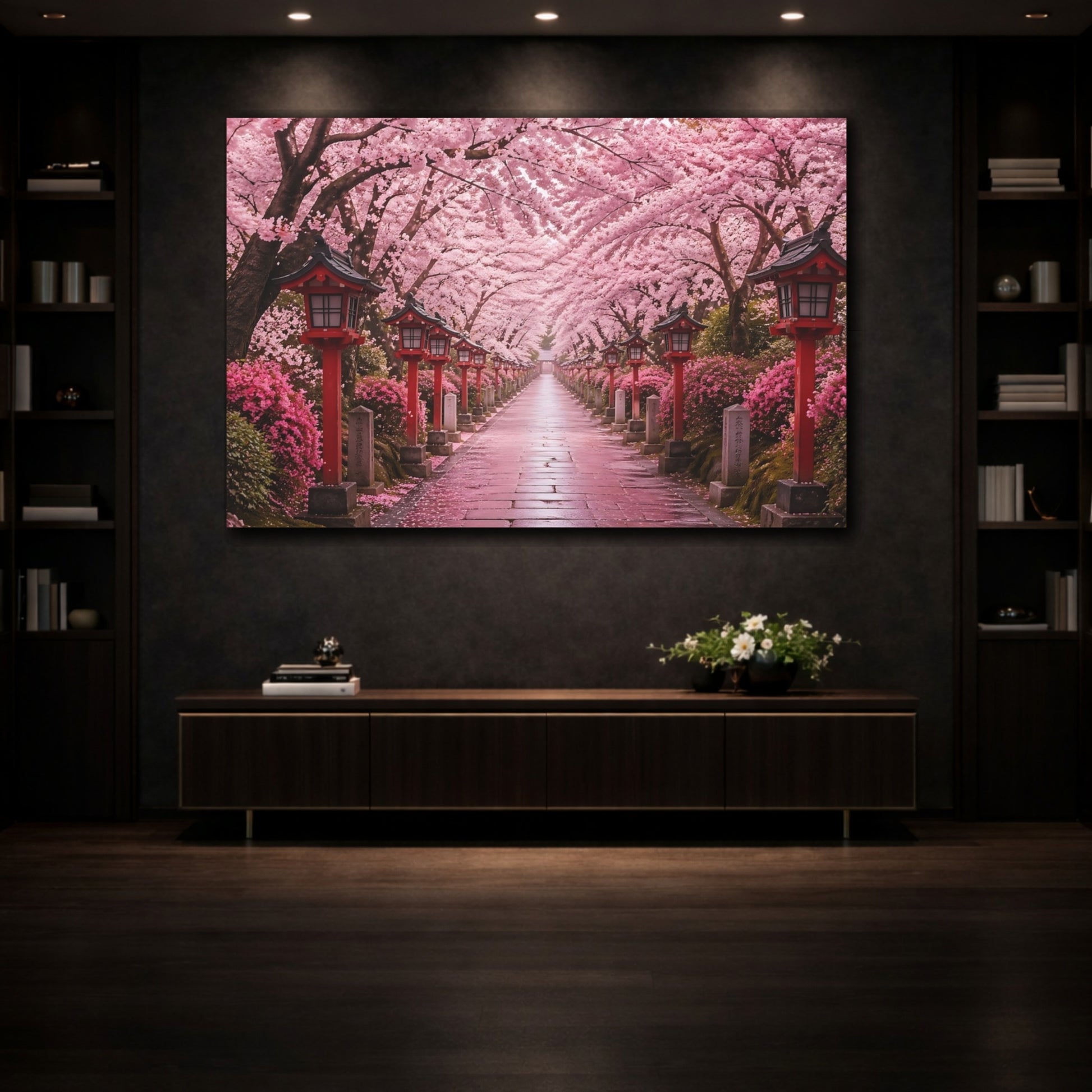 Mockup 3. Nature Cherry Blossoms Pink And Red shown as stretched canvas wall art