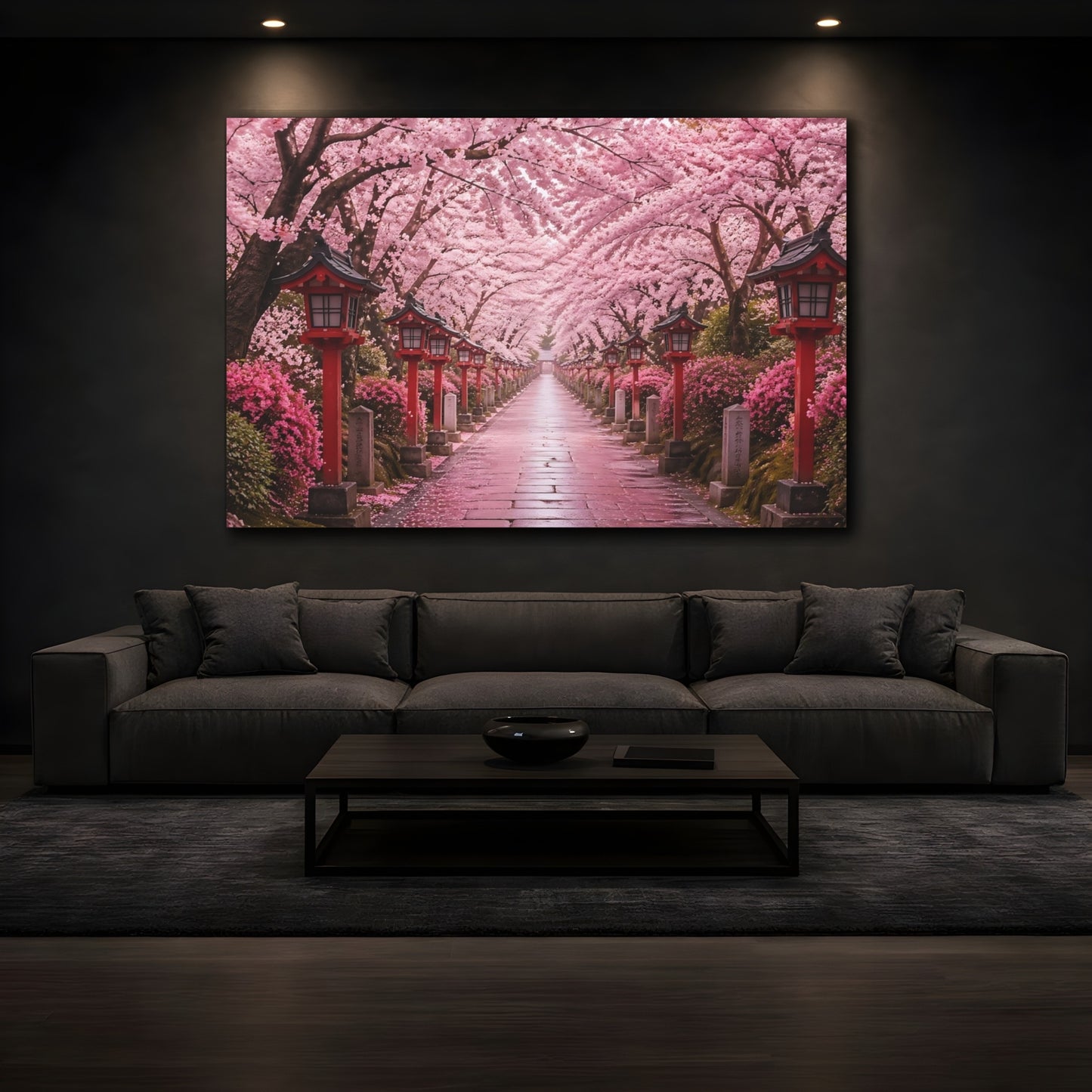 Mockup 4. Nature Cherry Blossoms Pink And Red shown as stretched canvas wall art