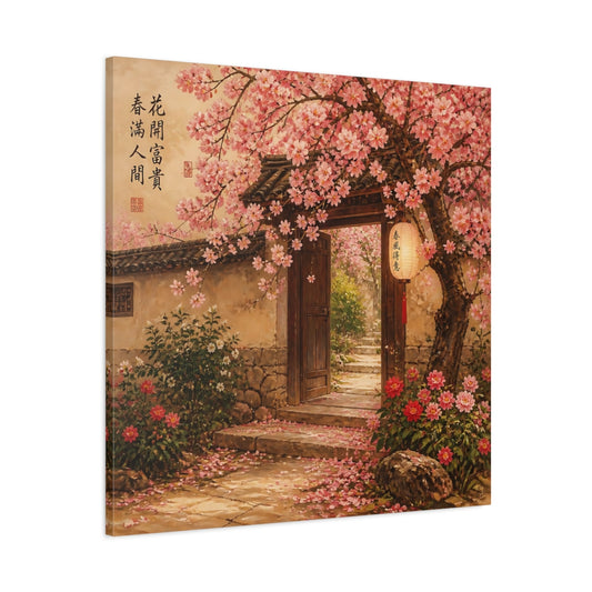 Main Mockup. Nature Cherry Blossoms Pink Asian Garden shown as stretched canvas wall art