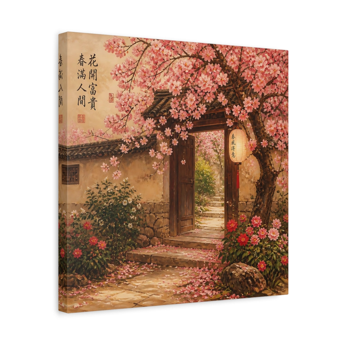 Side Mockup 6. Nature Cherry Blossoms Pink Asian Garden shown as stretched canvas wall art