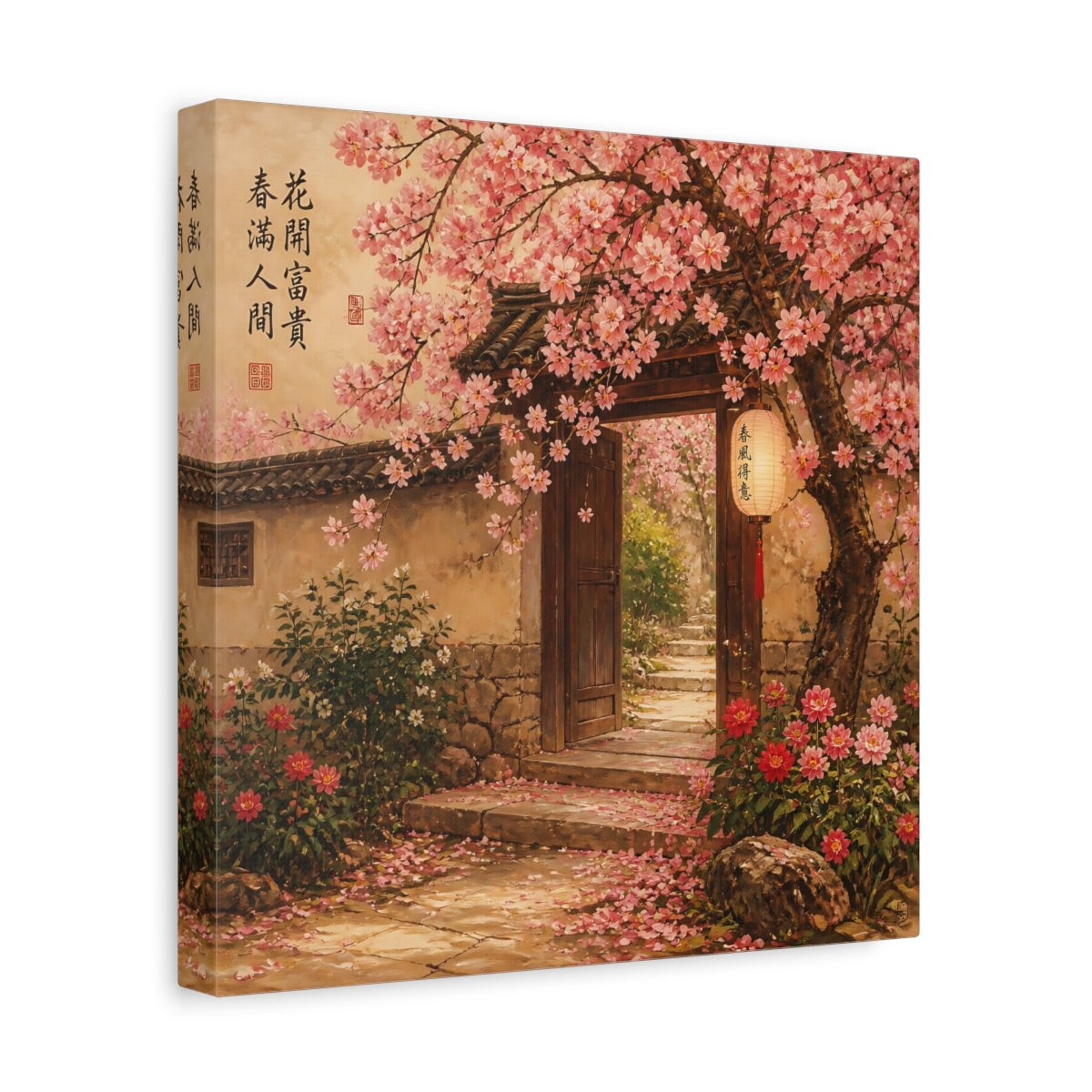 Side Mockup 8. Nature Cherry Blossoms Pink Asian Garden shown as stretched canvas wall art