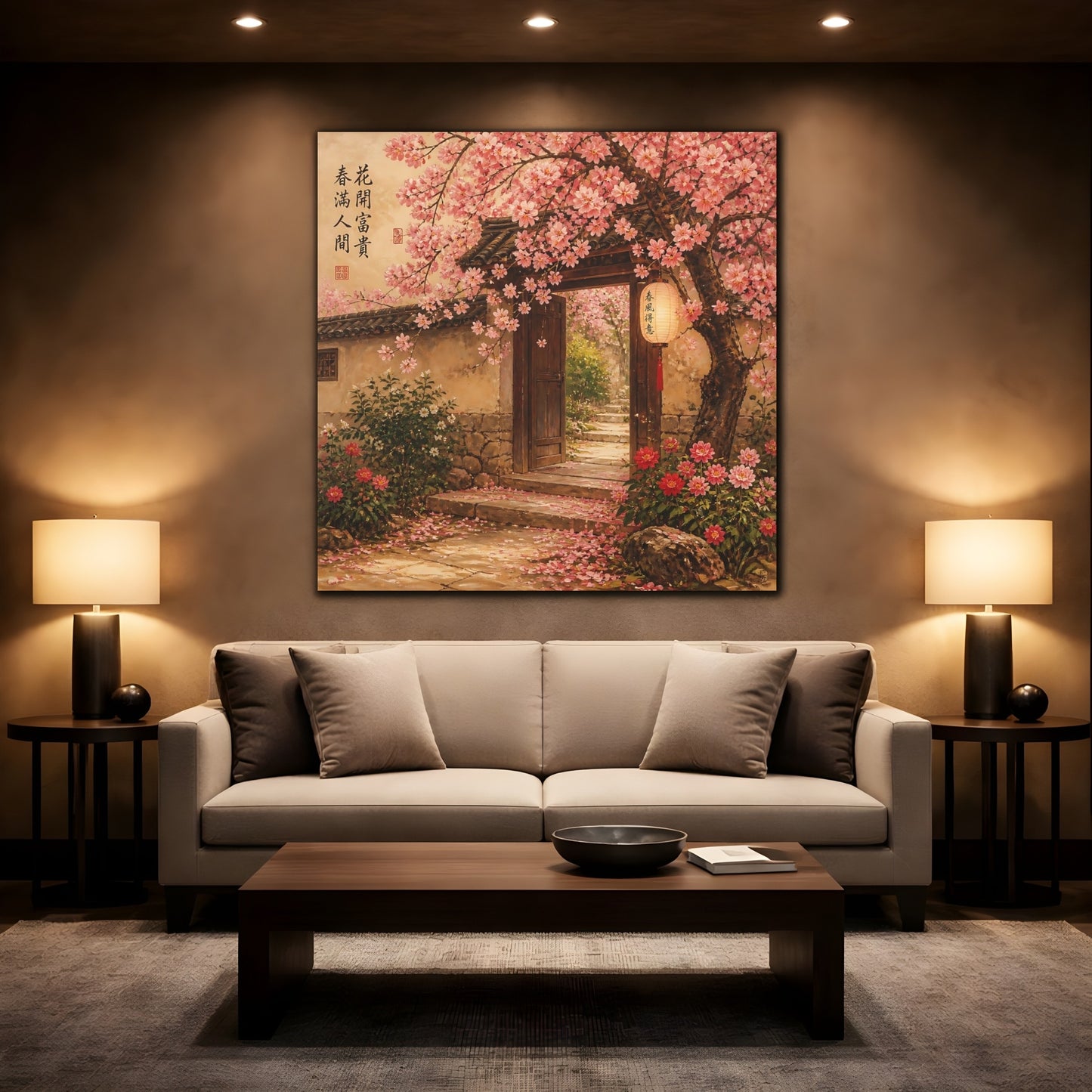 Mockup 2. Nature Cherry Blossoms Pink Asian Garden shown as stretched canvas wall art