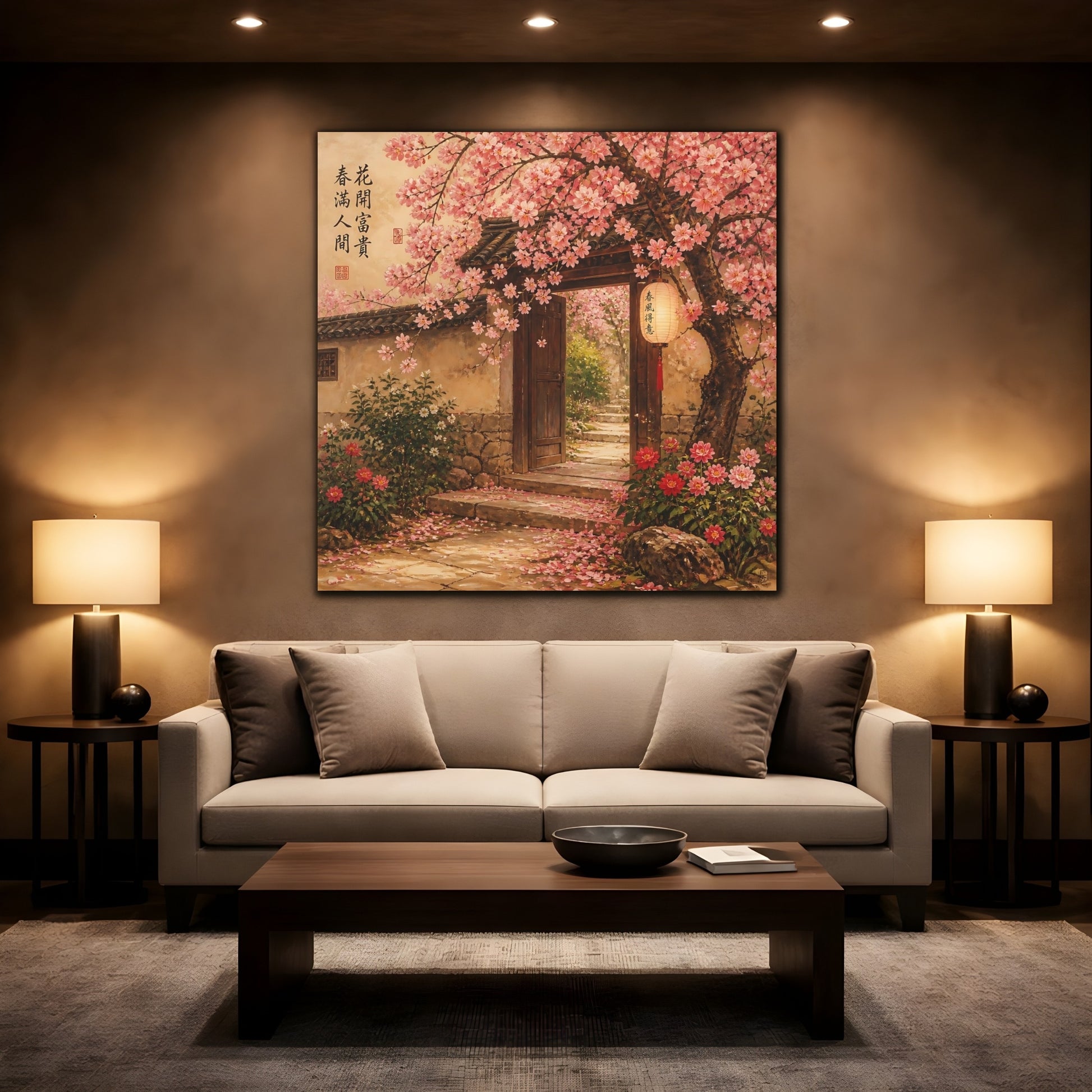 Mockup 2. Nature Cherry Blossoms Pink Asian Garden shown as stretched canvas wall art