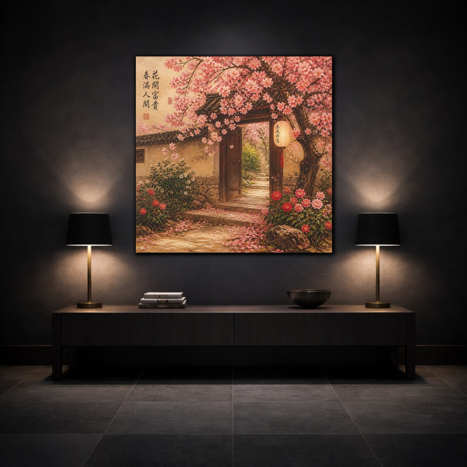 Mockup 3. Nature Cherry Blossoms Pink Asian Garden shown as stretched canvas wall art