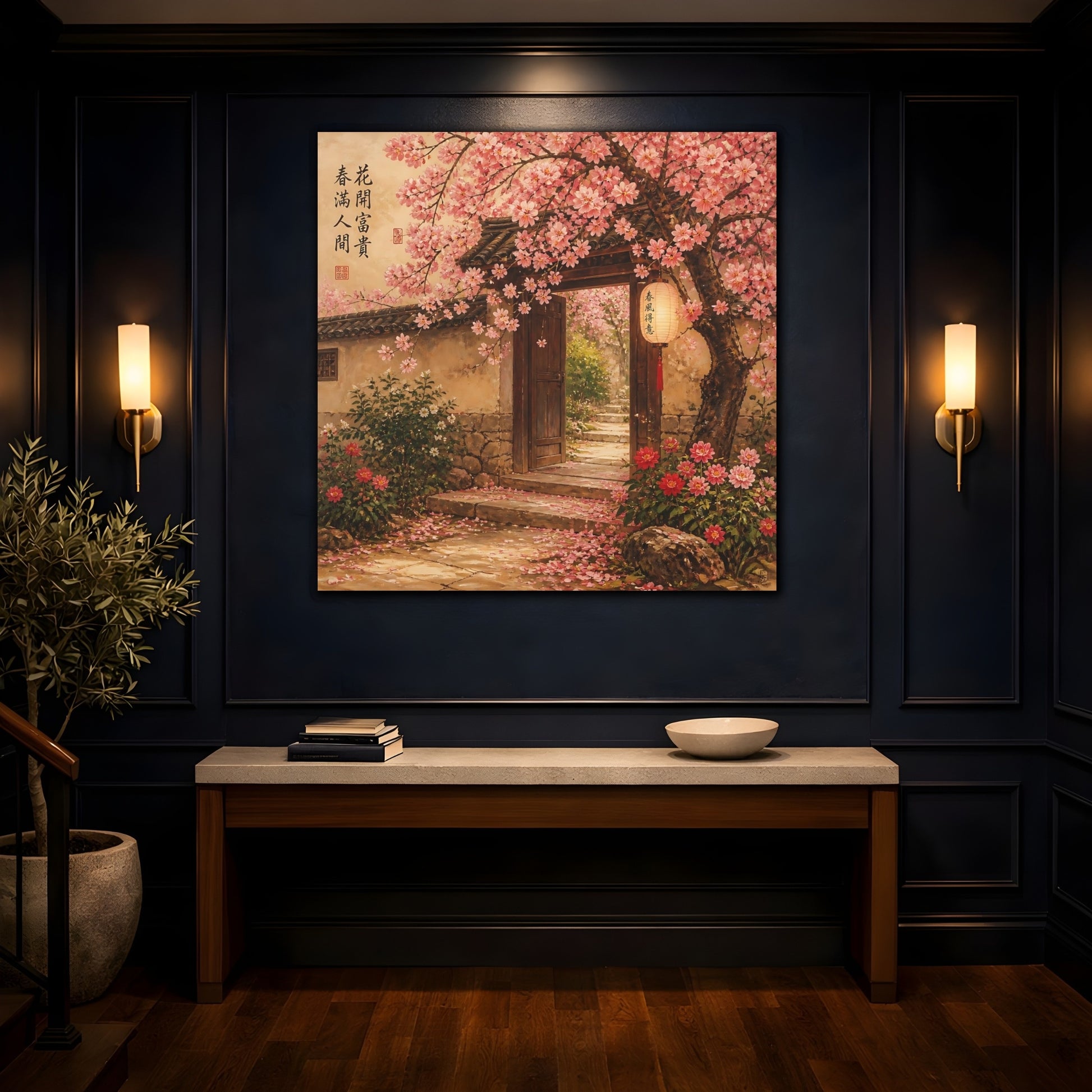 Mockup 4. Nature Cherry Blossoms Pink Asian Garden shown as stretched canvas wall art
