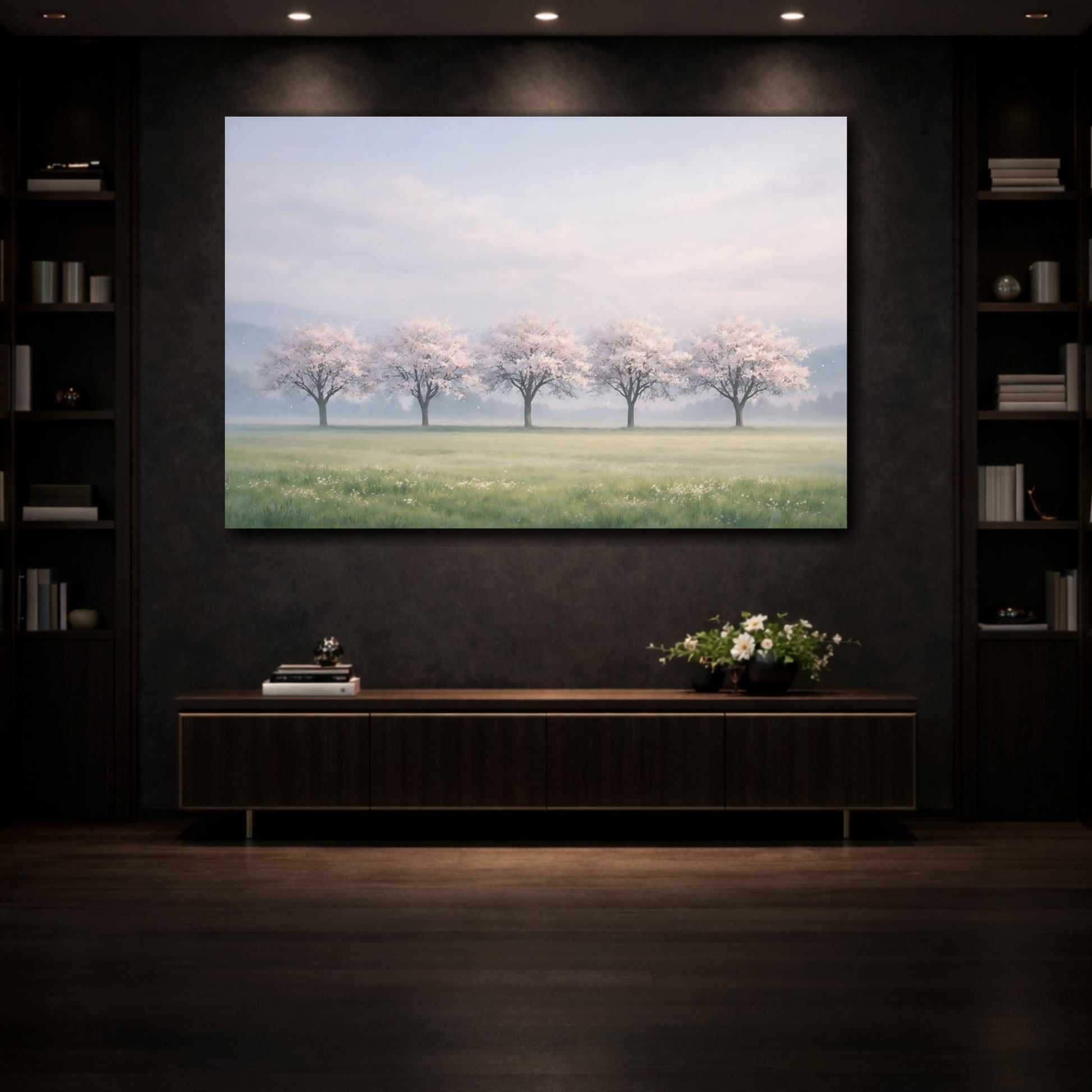 Mockup 3. Nature Cherry Blossoms Pink Blossom Landscape shown as stretched canvas wall art
