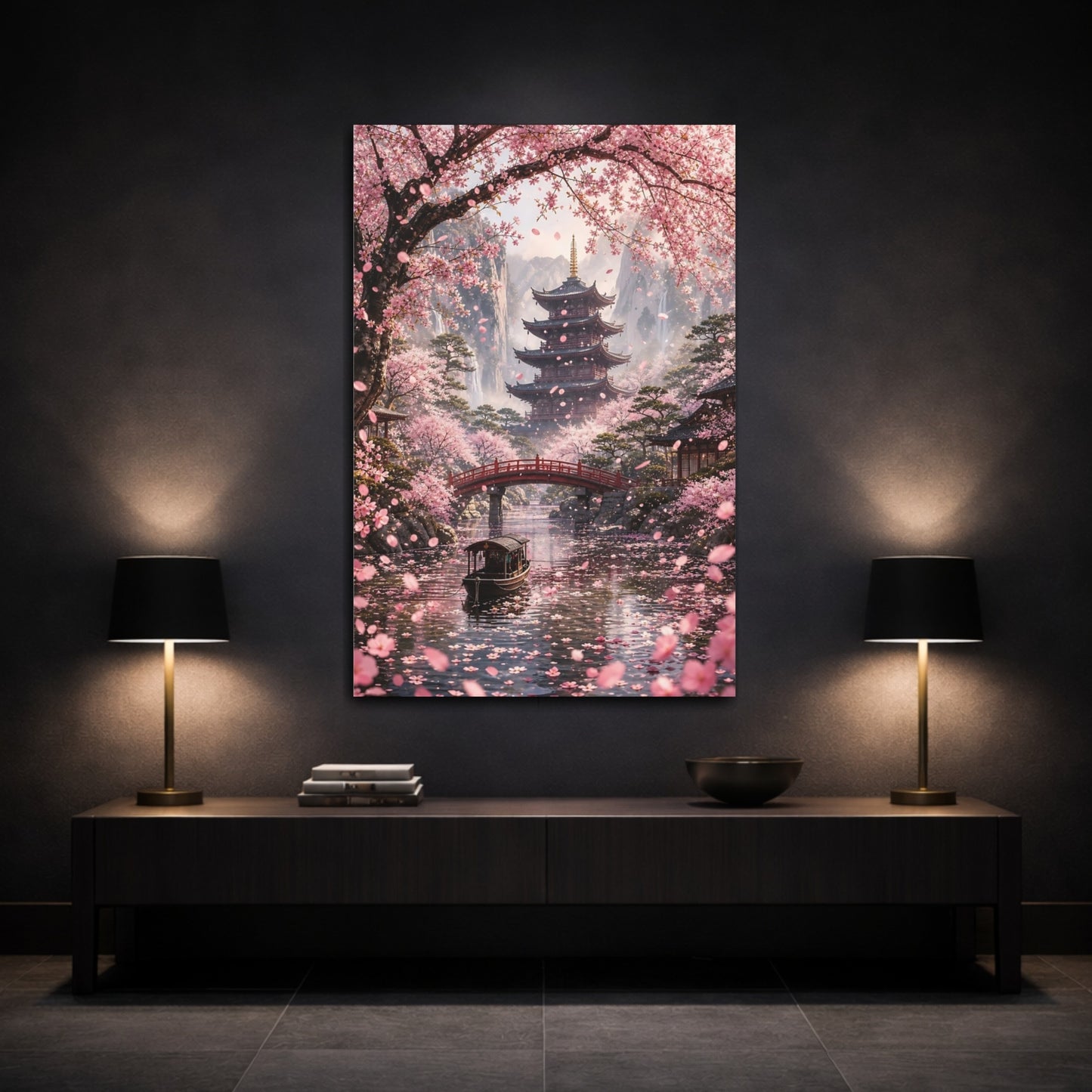 Mockup 3. Nature Cherry Blossoms Pink Blossoms shown as stretched canvas wall art