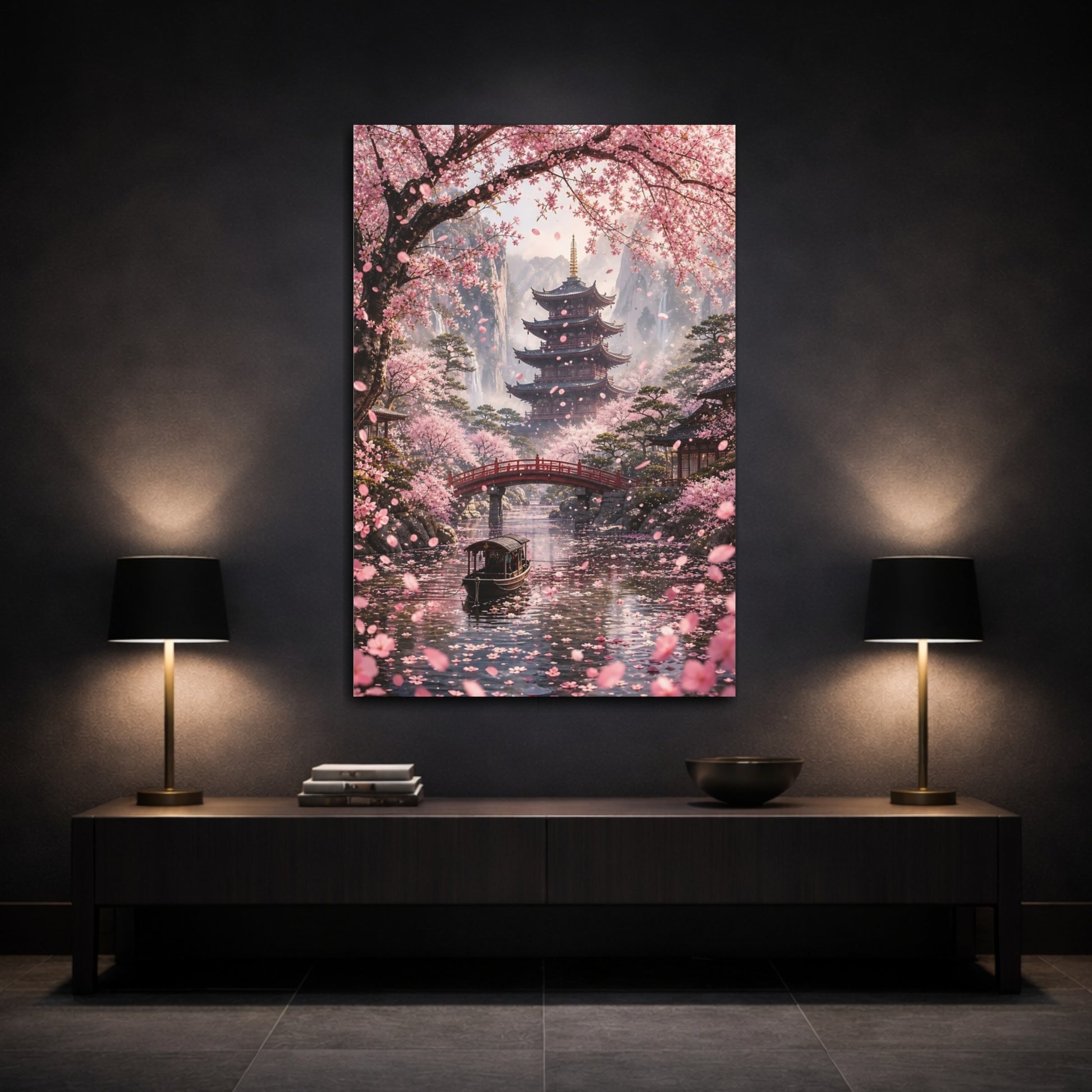 Mockup 3. Nature Cherry Blossoms Pink Blossoms shown as stretched canvas wall art