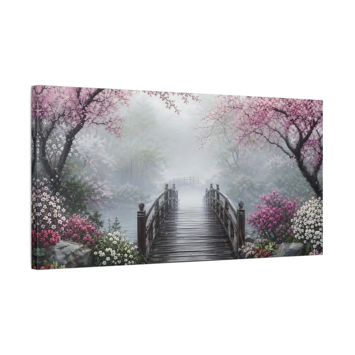 Side Mockup 1. Nature Cherry Blossoms Pink Cherry Blossoms shown as stretched canvas wall art