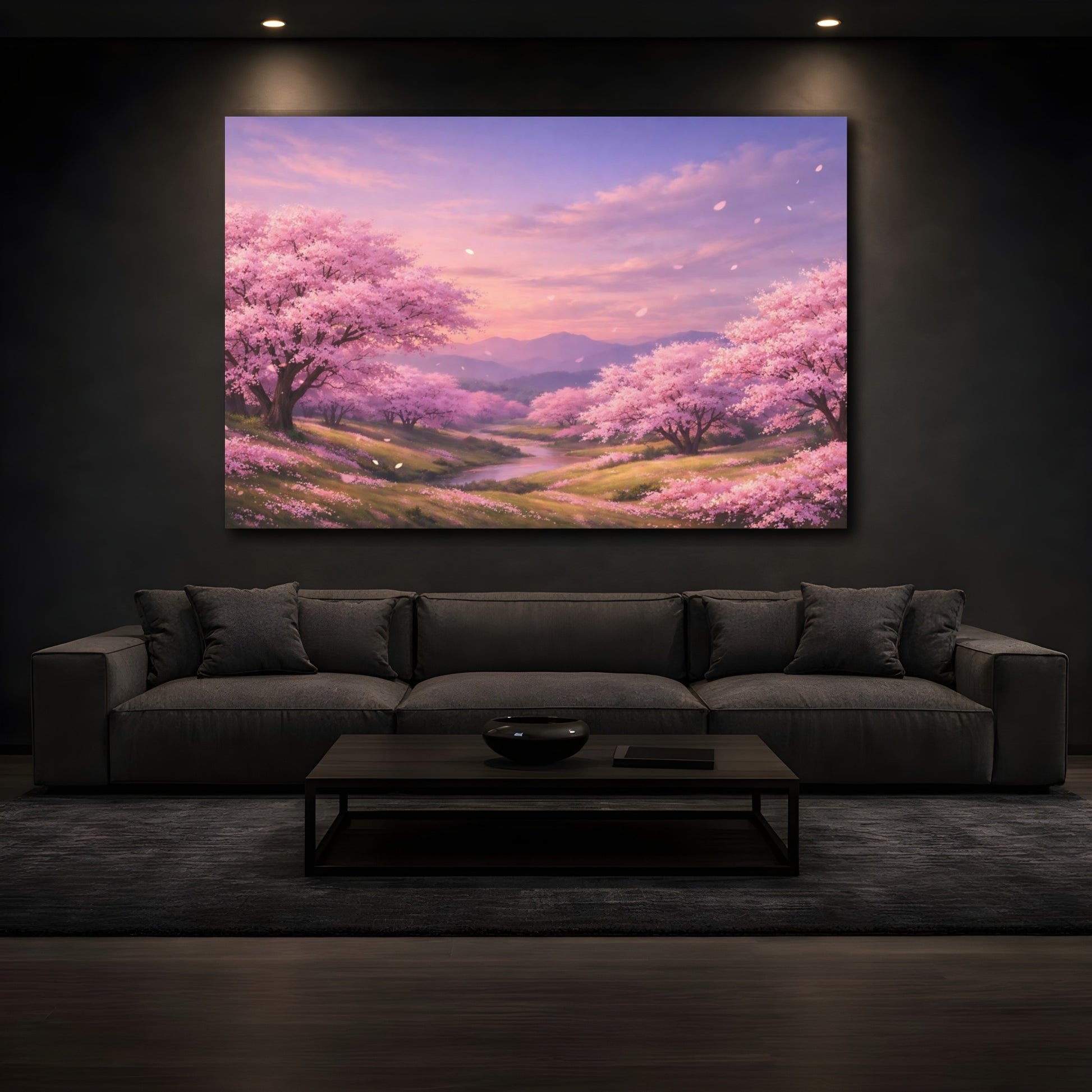 Mockup 2. Nature Cherry Blossoms Pink Cherry Blossoms shown as stretched canvas wall art