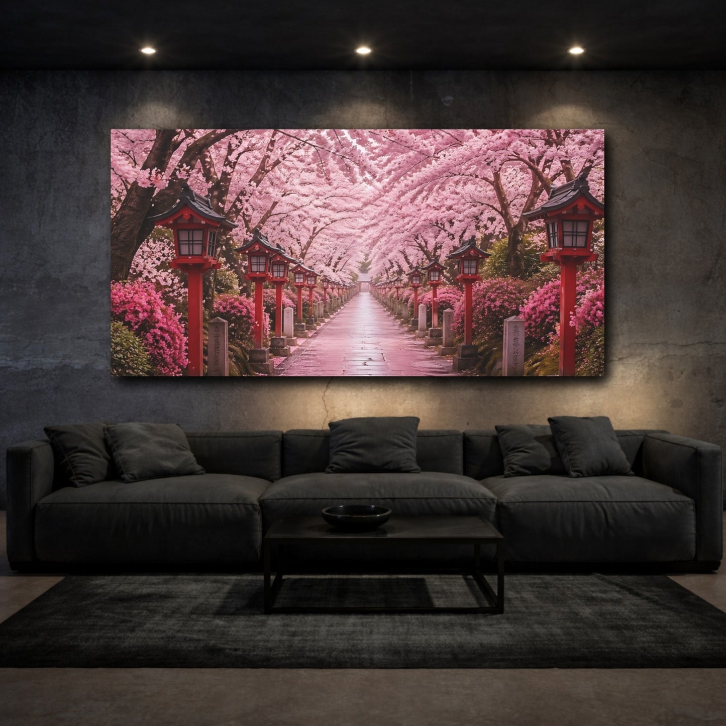 Mockup 2. Nature Cherry Blossoms Pink Cherry Blossoms shown as stretched canvas wall art