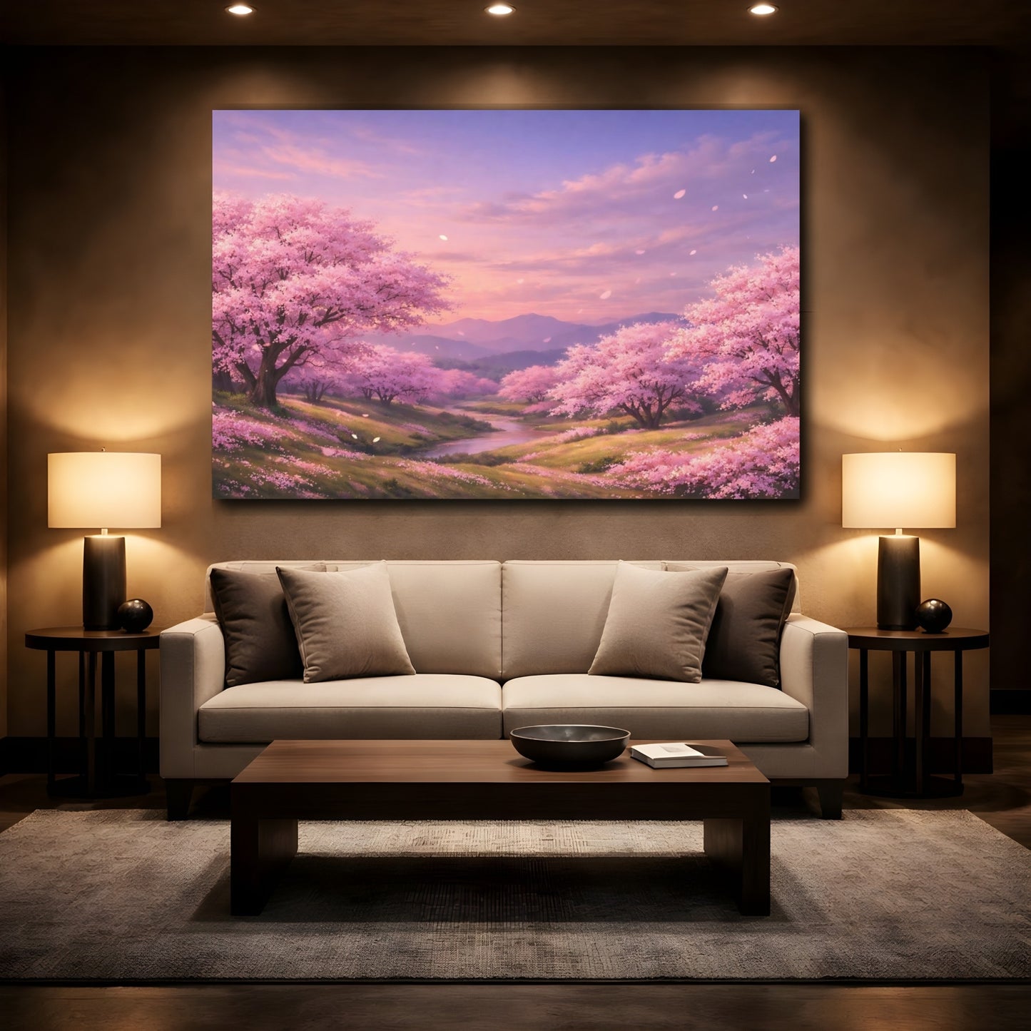 Mockup 3. Nature Cherry Blossoms Pink Cherry Blossoms shown as stretched canvas wall art