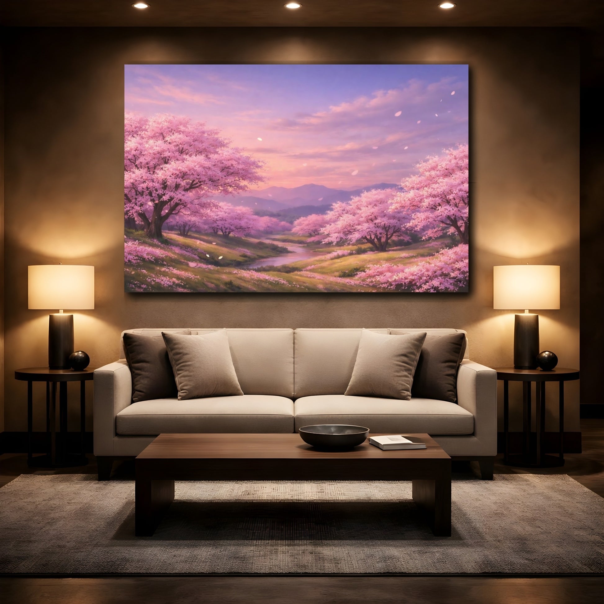 Mockup 3. Nature Cherry Blossoms Pink Cherry Blossoms shown as stretched canvas wall art