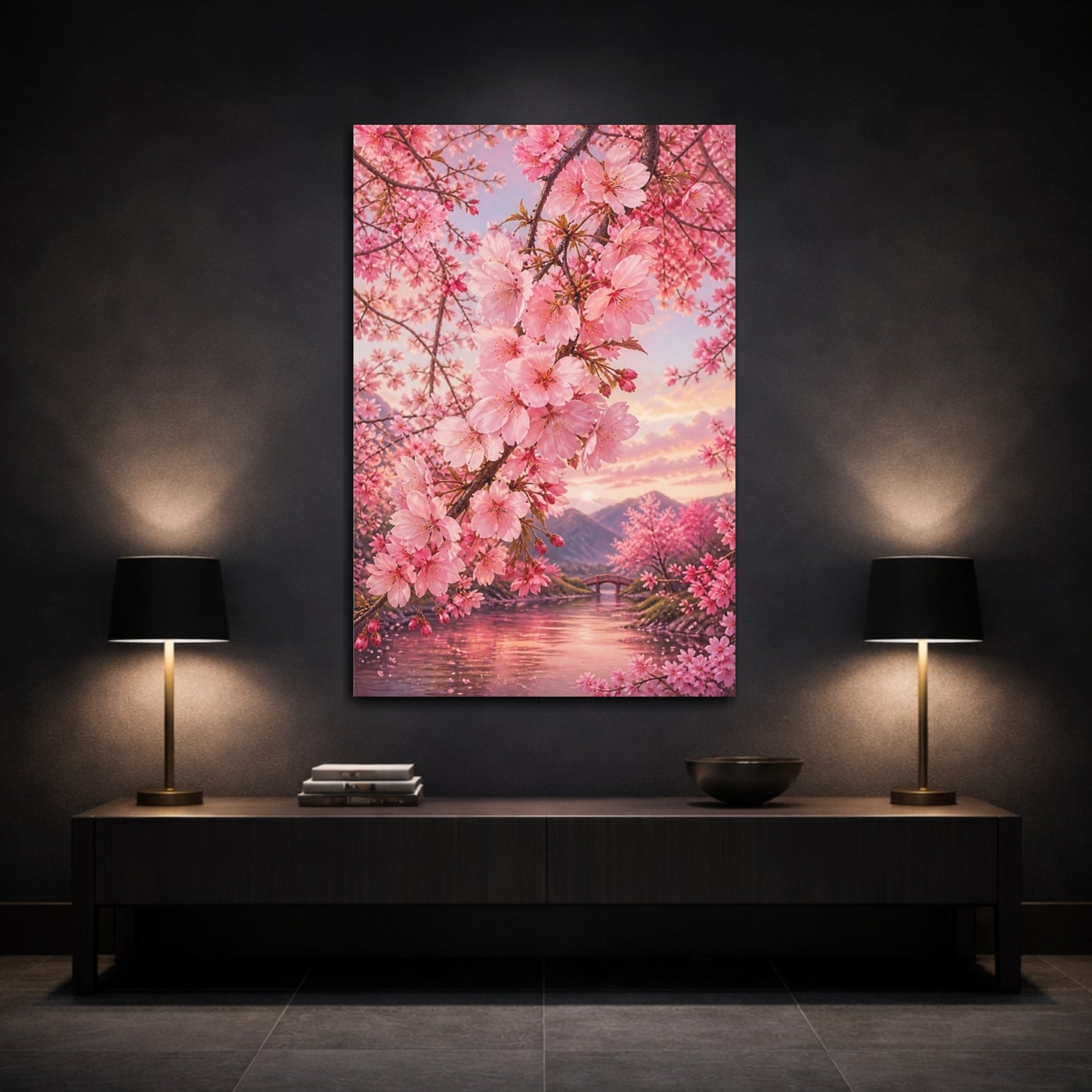 Mockup 3. Nature Cherry Blossoms Pink Cherry Blossoms shown as stretched canvas wall art