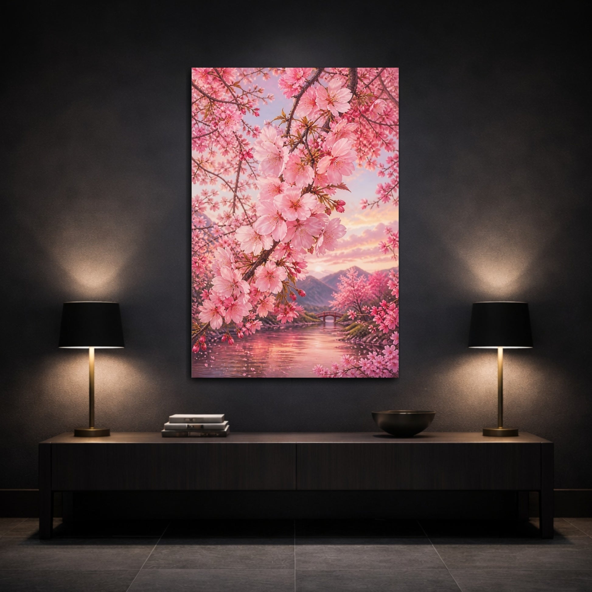 Mockup 3. Nature Cherry Blossoms Pink Cherry Blossoms shown as stretched canvas wall art