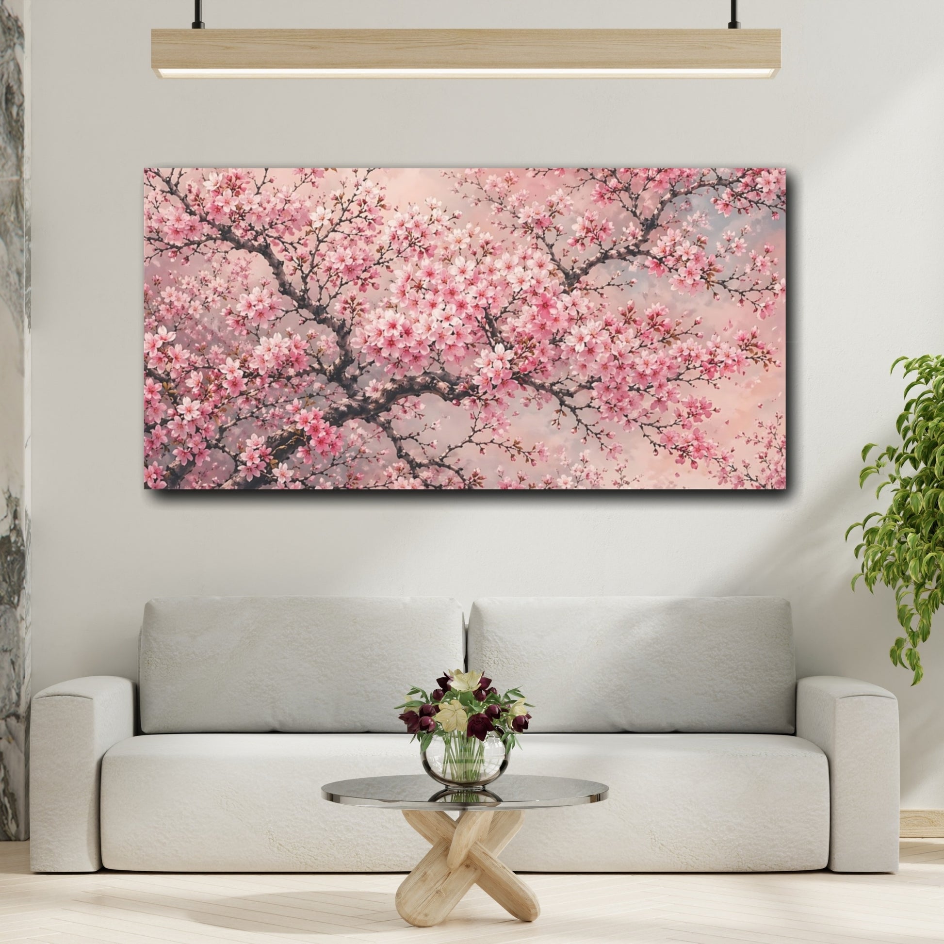Mockup 3. Nature Cherry Blossoms Pink Cherry Blossoms shown as stretched canvas wall art