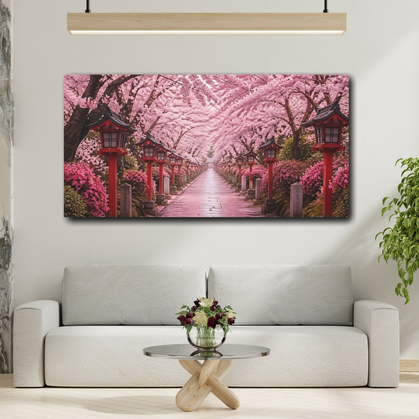 Mockup 3. Nature Cherry Blossoms Pink Cherry Blossoms shown as stretched canvas wall art