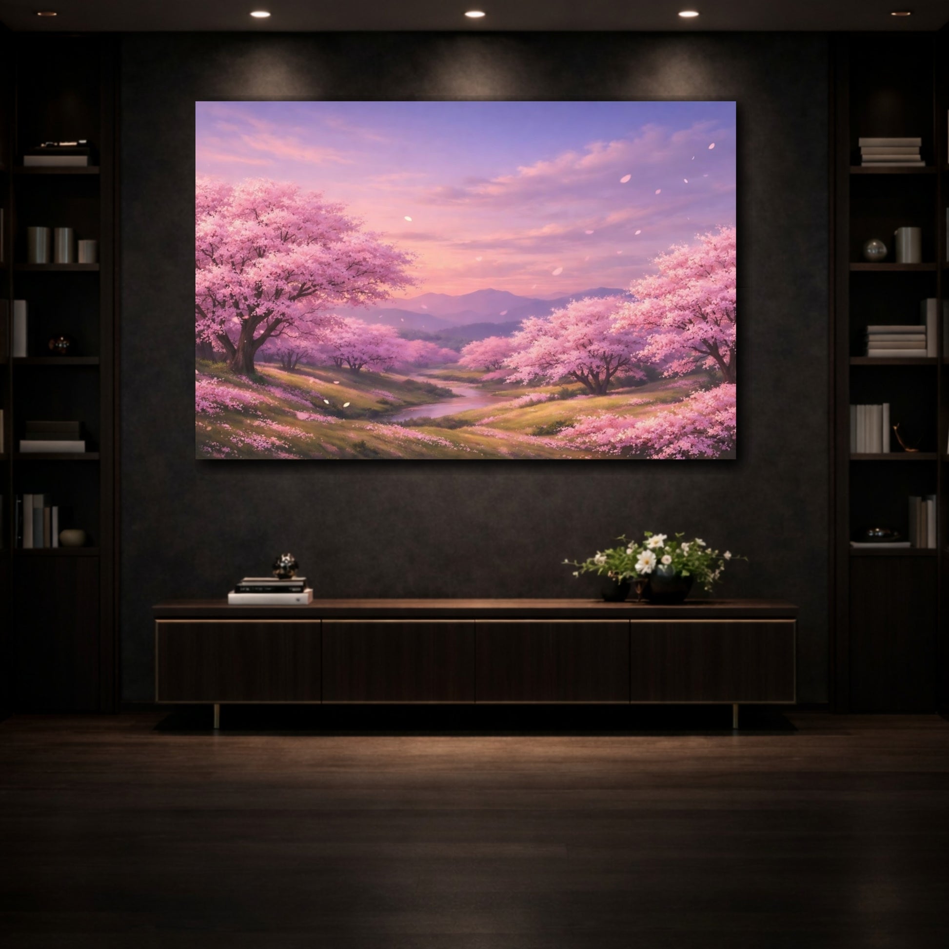 Mockup 4. Nature Cherry Blossoms Pink Cherry Blossoms shown as stretched canvas wall art