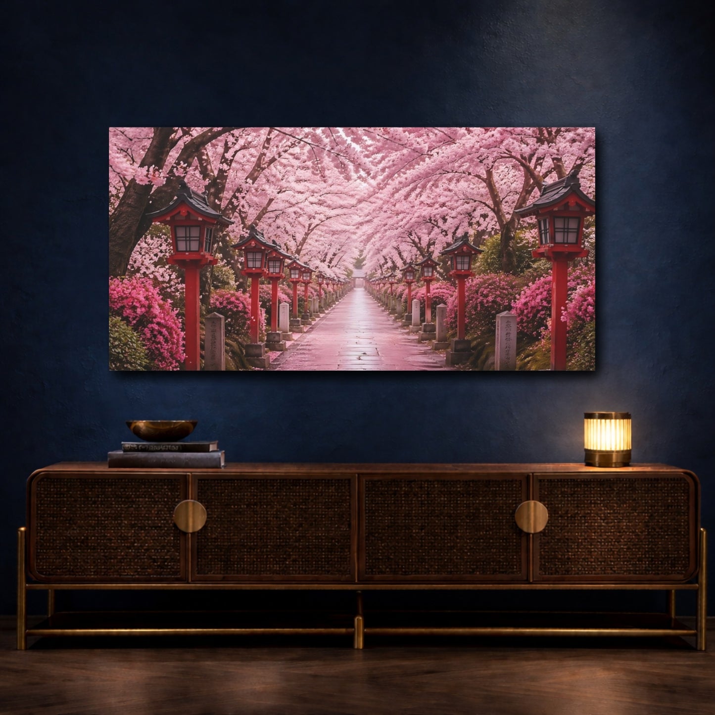 Mockup 4. Nature Cherry Blossoms Pink Cherry Blossoms shown as stretched canvas wall art