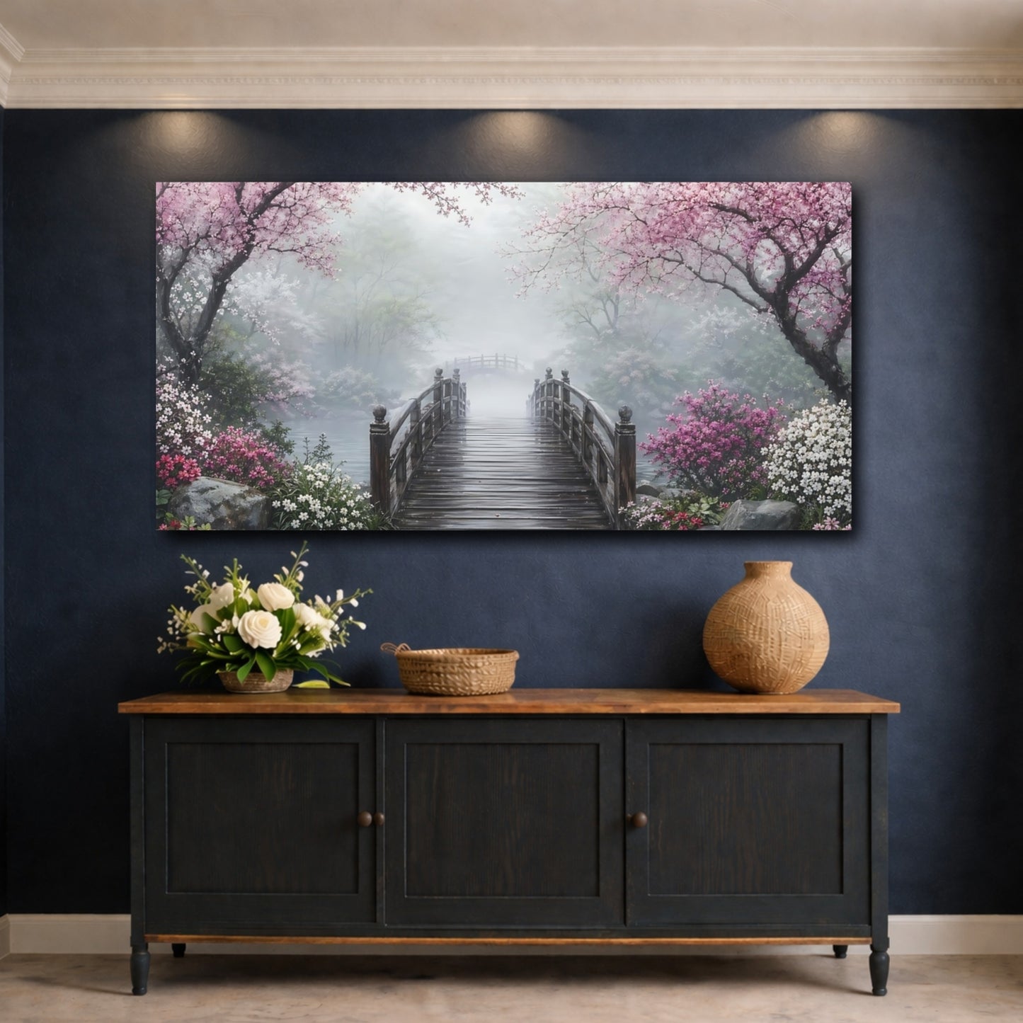 Mockup 4. Nature Cherry Blossoms Pink Cherry Blossoms shown as stretched canvas wall art