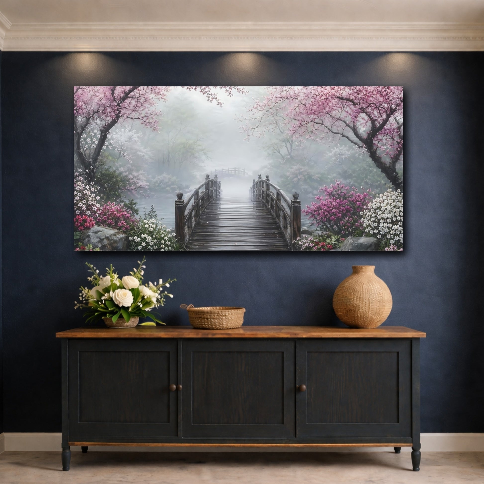 Mockup 4. Nature Cherry Blossoms Pink Cherry Blossoms shown as stretched canvas wall art