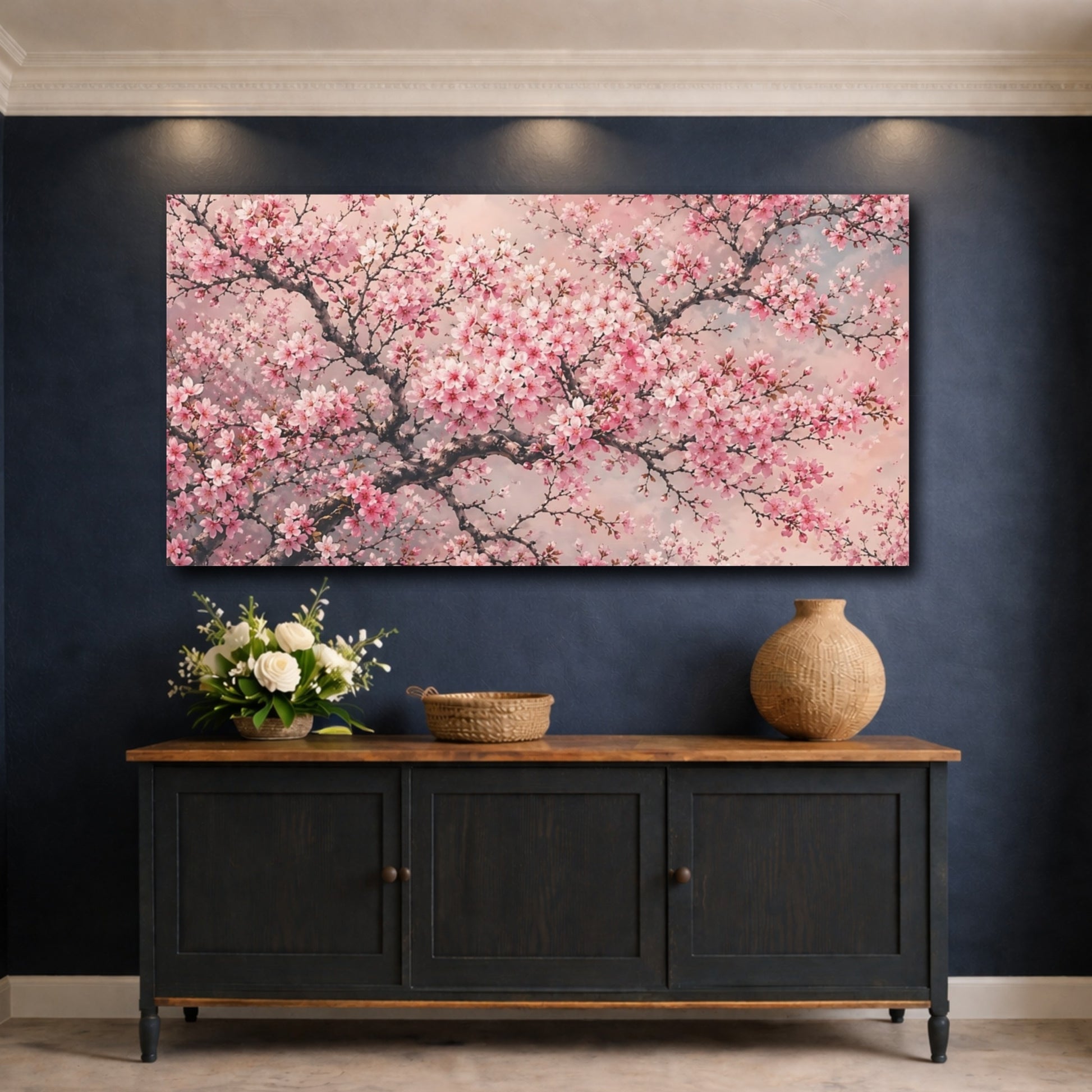 Mockup 4. Nature Cherry Blossoms Pink Cherry Blossoms shown as stretched canvas wall art